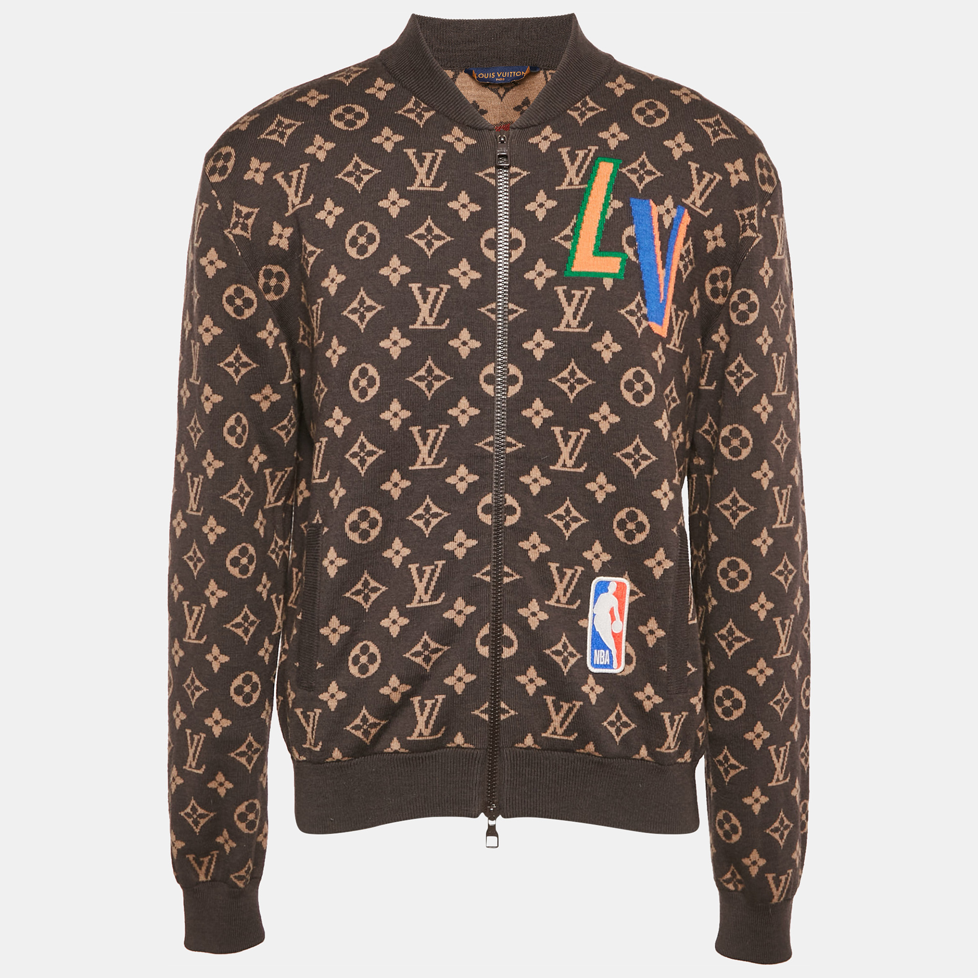 

Louis Vuitton X NBA Brown Monogram Wool Knit Zip-Up Jacket M