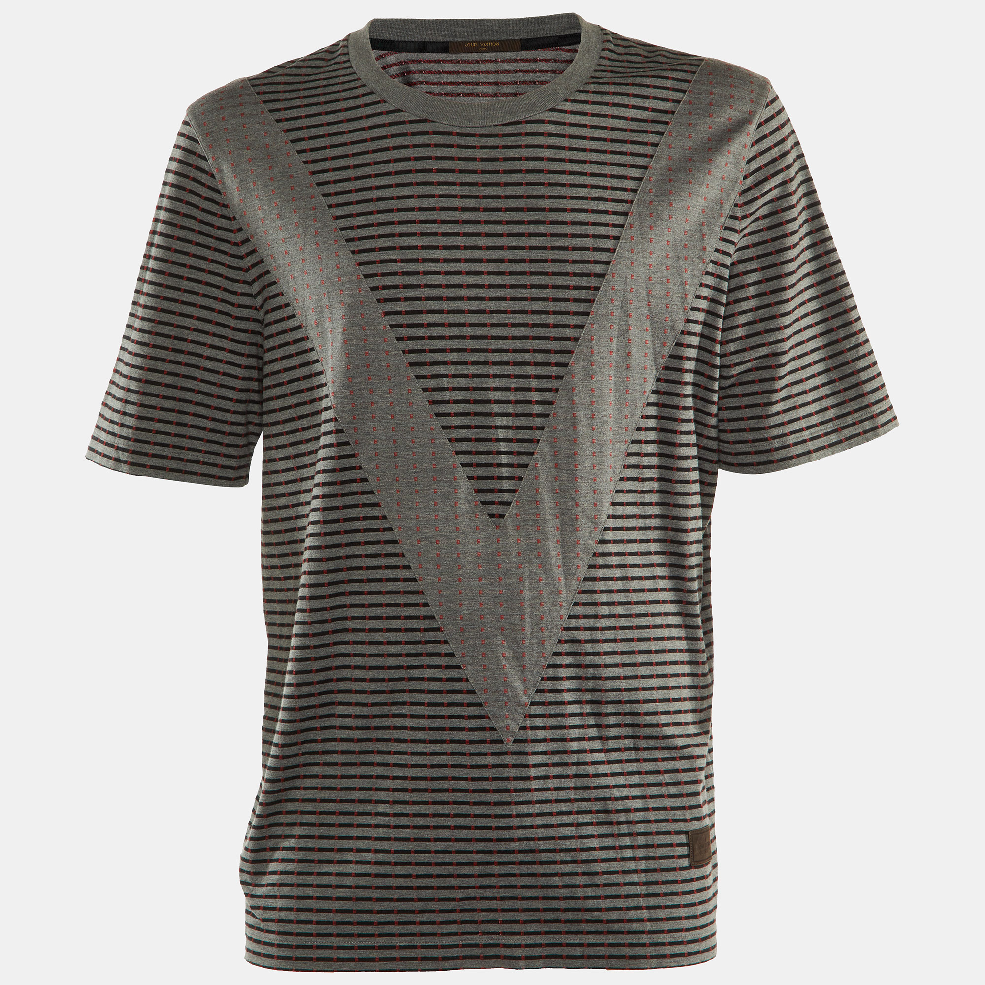 

Louis Vuitton Grey Striped Cotton V Detail Crew Neck T-Shirt XXL