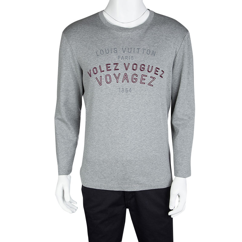 Louis Vuitton Grey Jersey Volez Voguez Voyagez Print Long Sleeve T-Shirt L Louis Vuitton | TLC