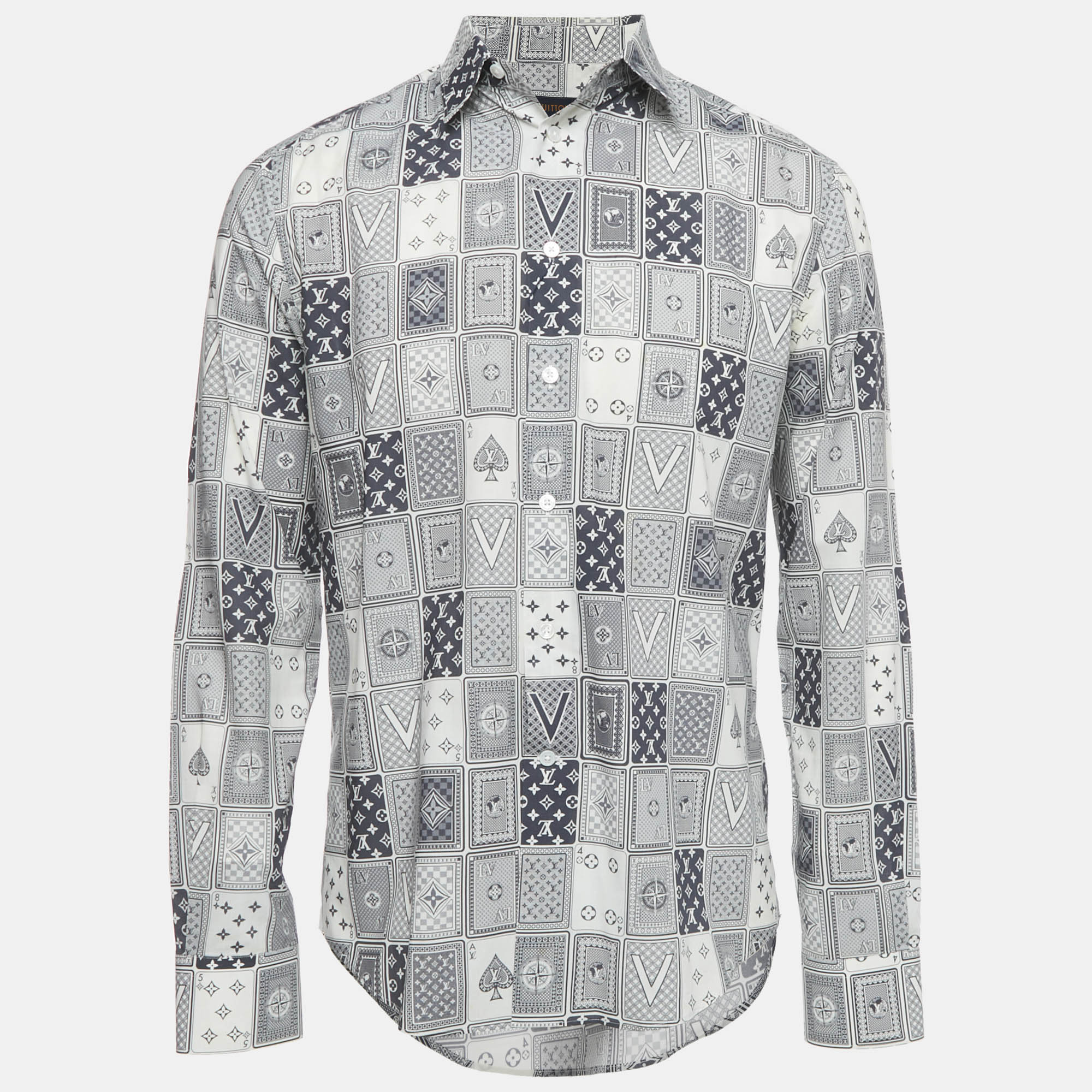 Pre-owned Louis Vuitton White/blue Lv Cards Print Cotton Shirt M
