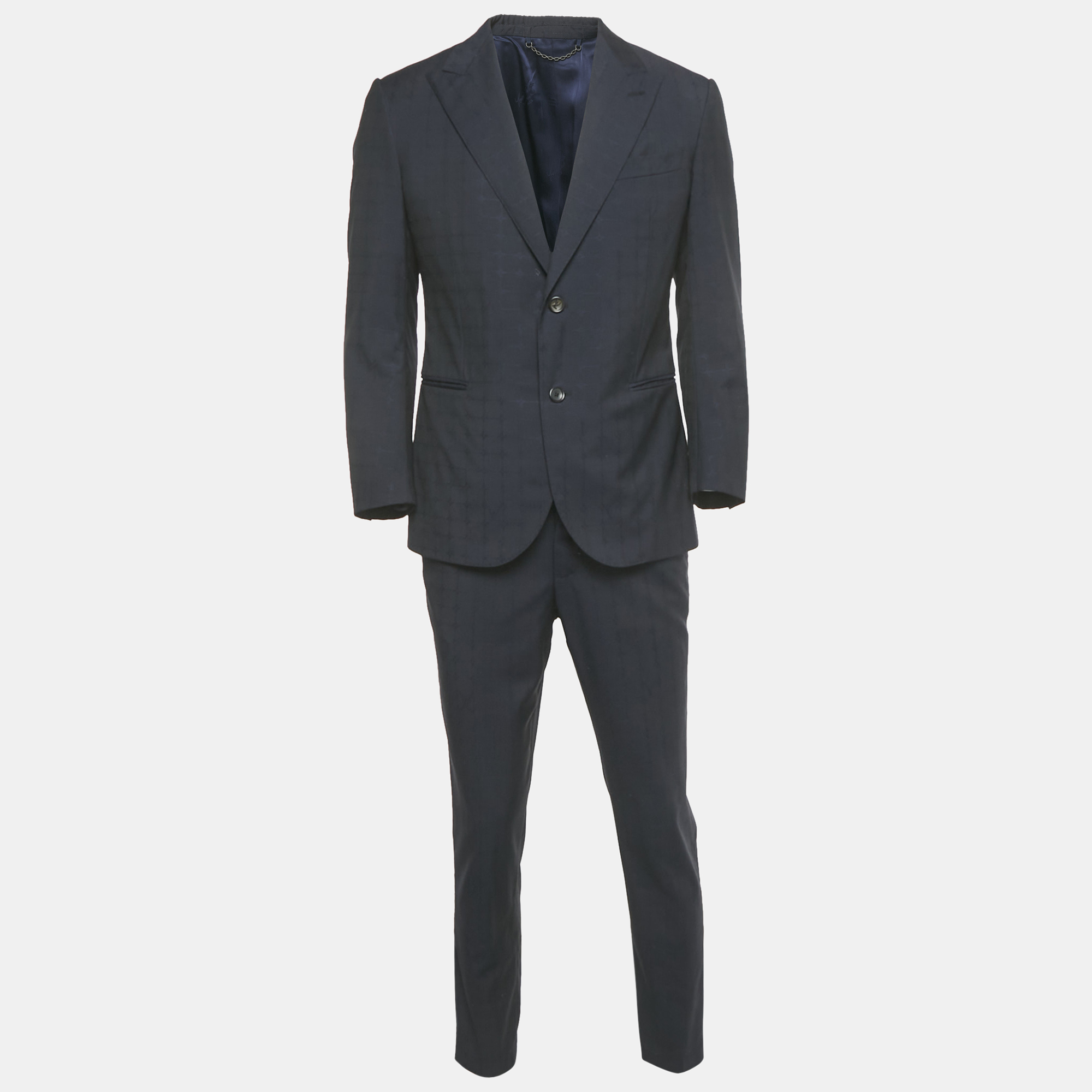 Pre-owned Louis Vuitton Navy Blue Checkered Wool Suit L