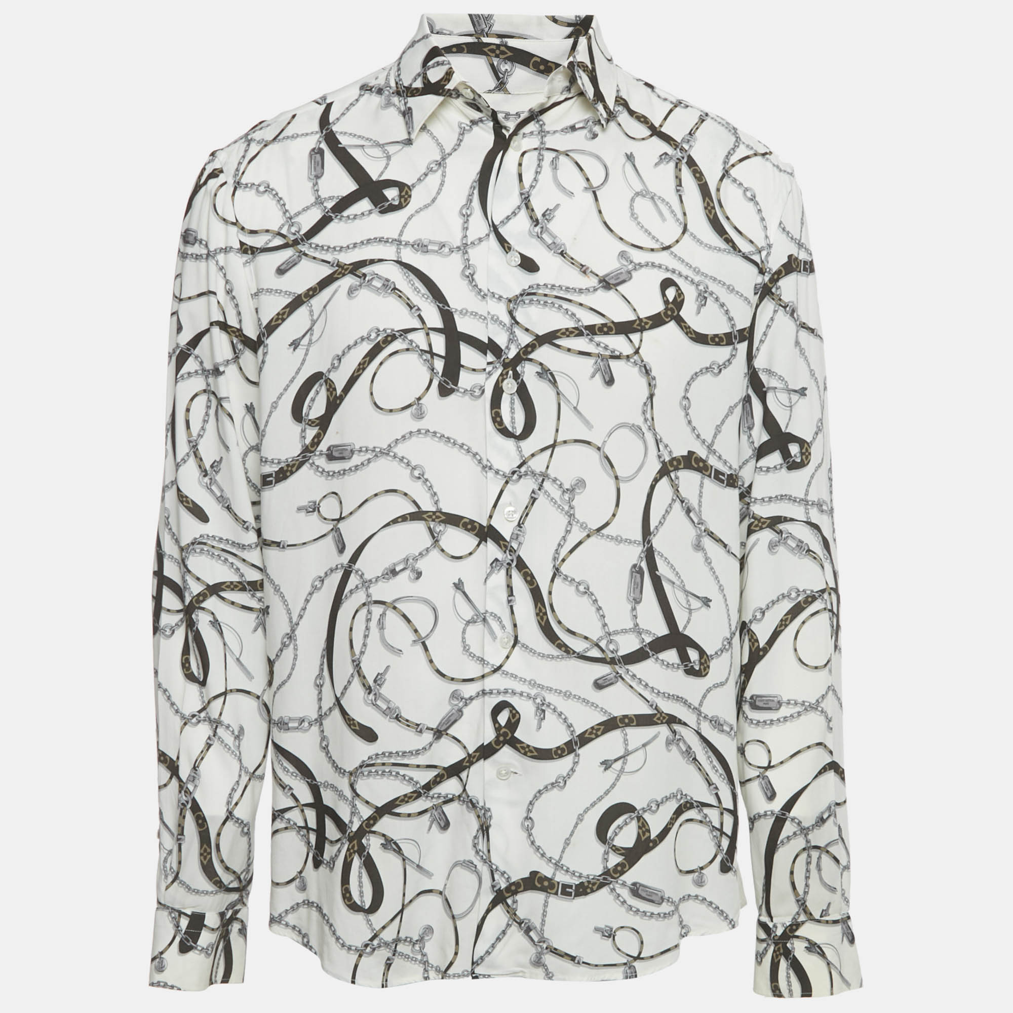 Louis Vuitton White Chain and Belt Print Crepe Regular Fit Shirt M
