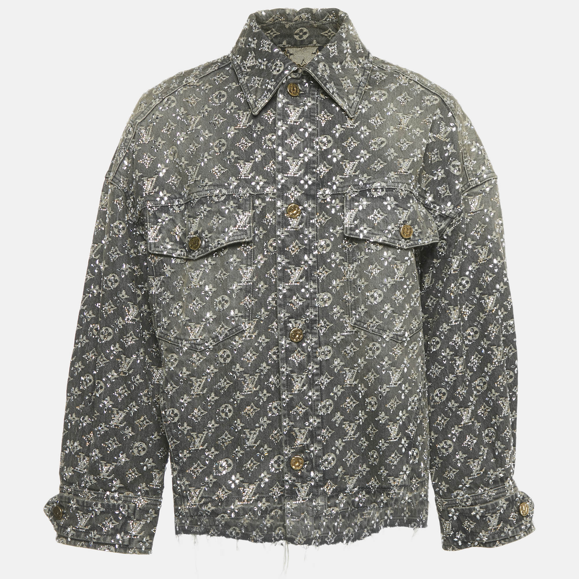 Pre-owned Louis Vuitton Grey Embellished Monogram Raw Edge Denim Jacket Xs In Gray