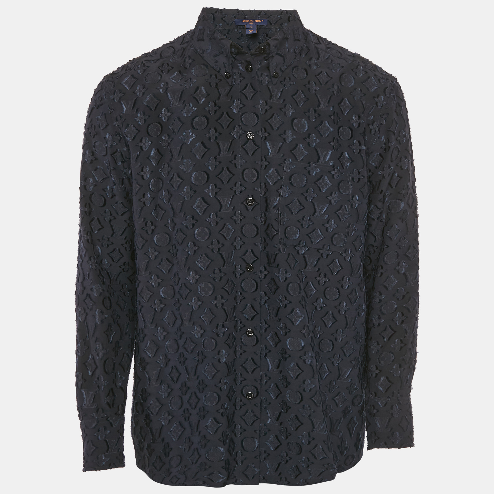 

Louis Vuitton Navy Blue Monogram Fil Coupe Silk Shirt XL