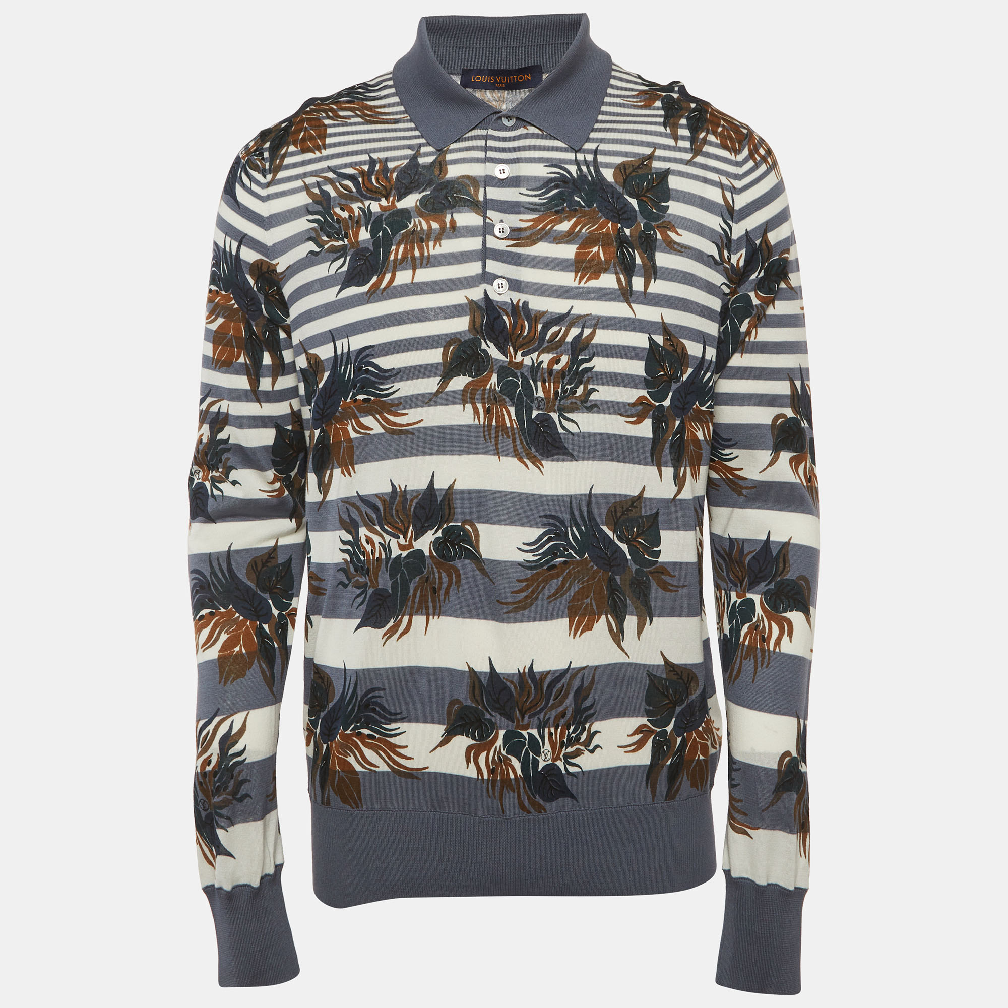 

Louis Vuitton Blue Striped Floral Cotton Polo T-Shirt L
