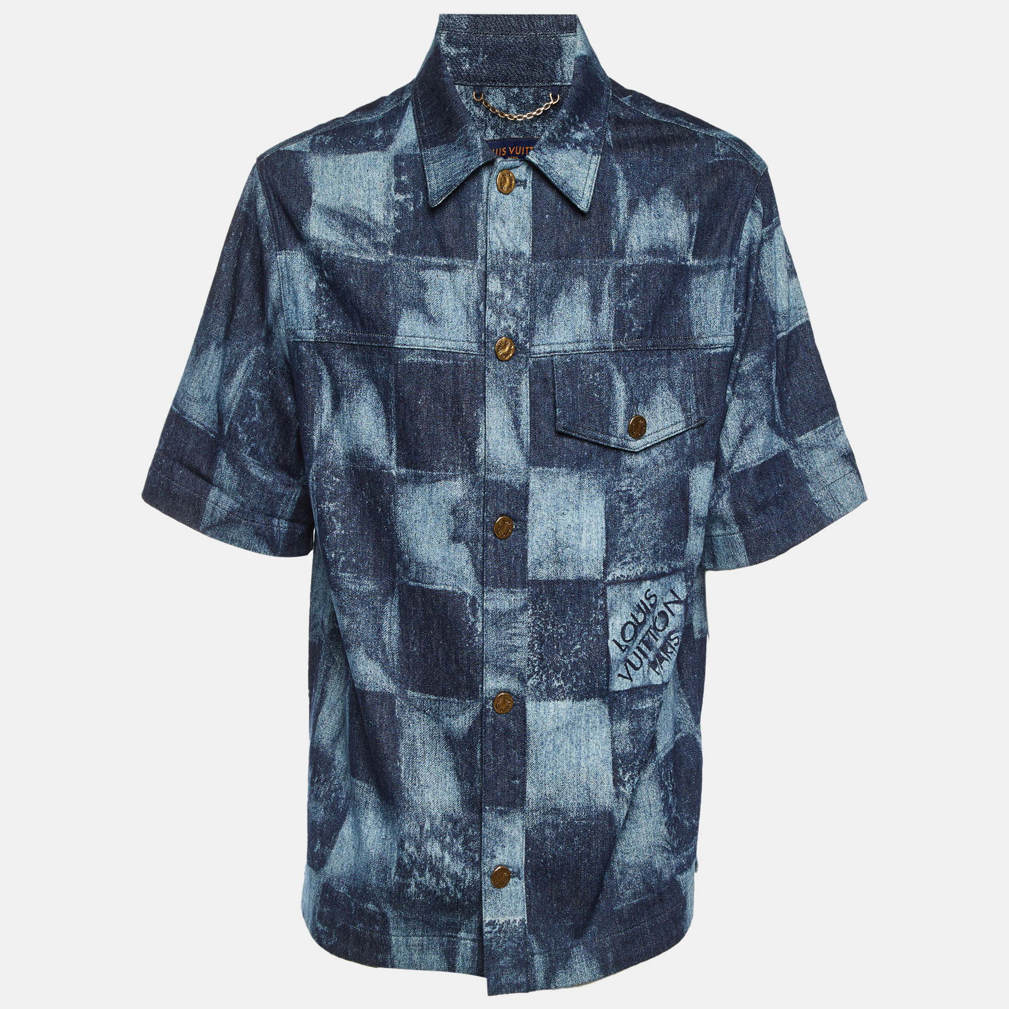 

Louis Vuitton Blue Damier Salt Denim Short Sleeve Shirt L