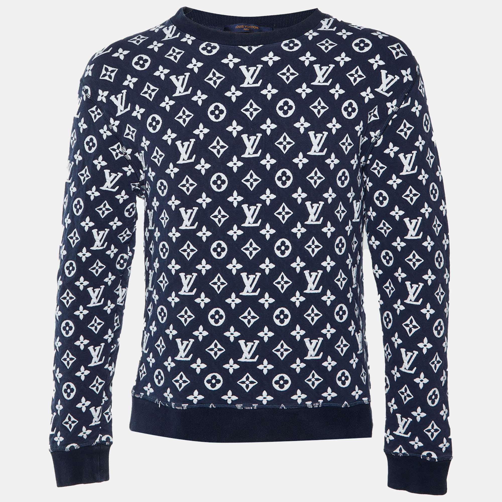 

Louis Vuitton Navy Blue/White Monogram Jacquard Knit Sweatshirt M