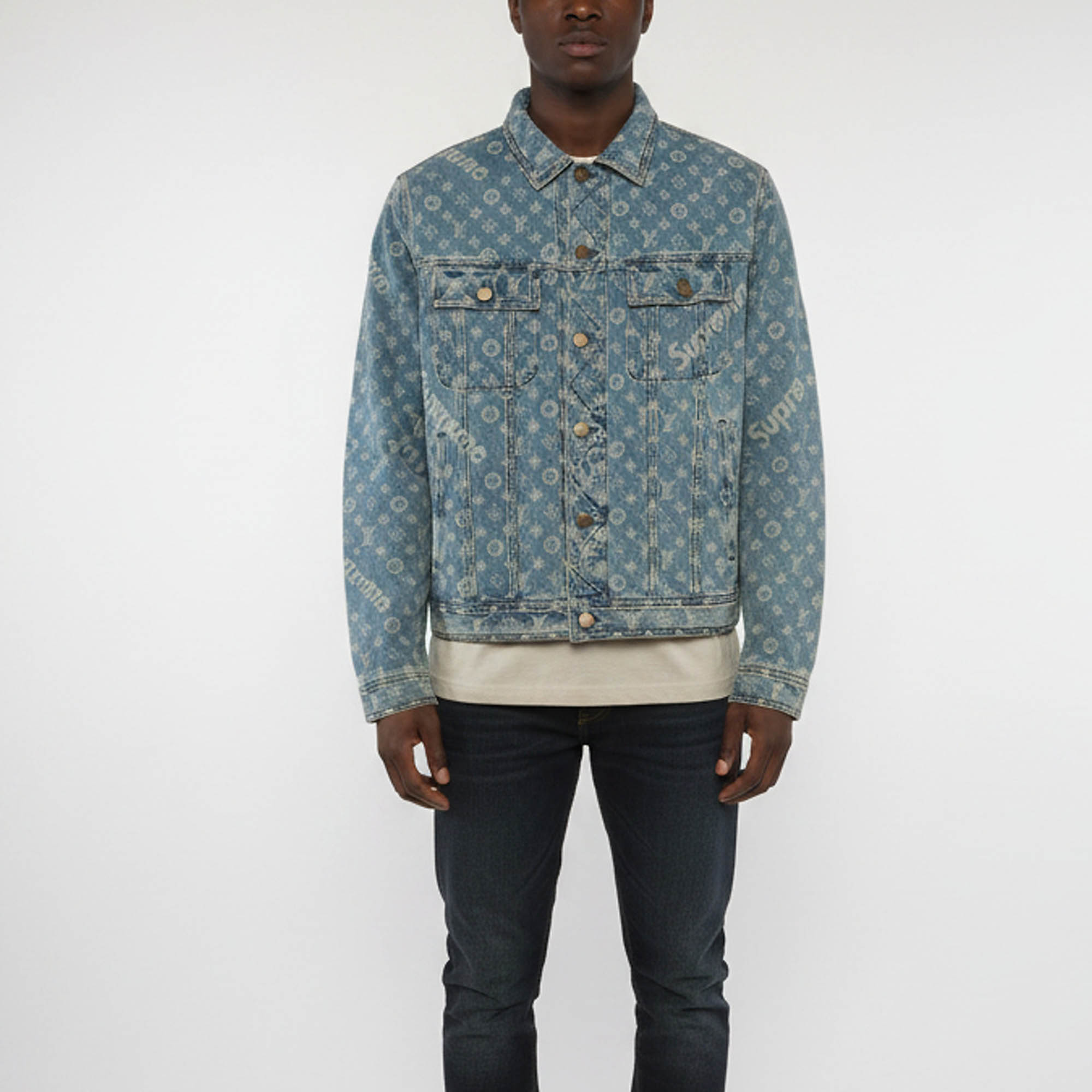 

Louis Vuitton X Supreme Blue Denim Monogram Jacquard Trucker Jacket XXXL