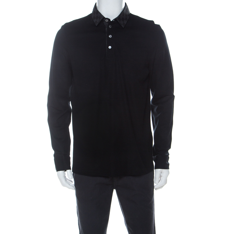 Louis Vuitton Black Cotton Pique Damier Collar Detail Polo T Shirt L