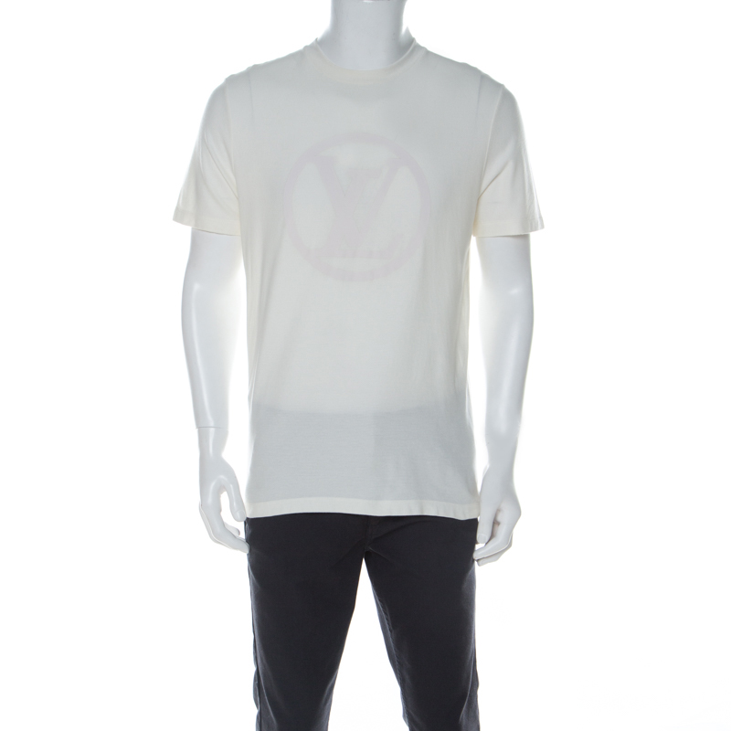 Louis Vuitton Off White Cotton Logo Print Round Neck T-shirt M