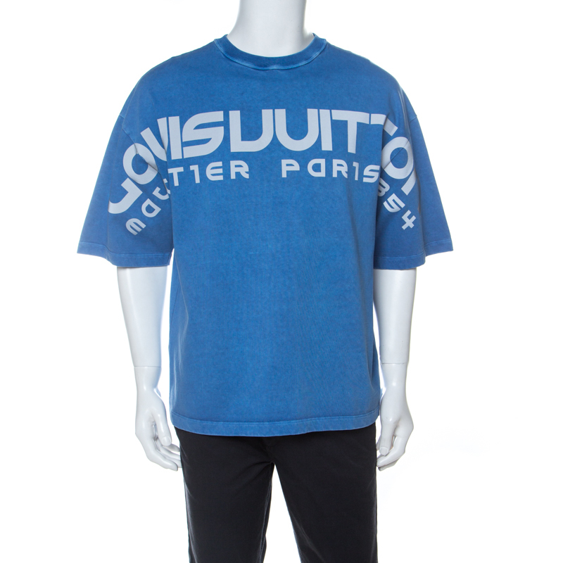 Louis Vuitton Blue Cotton Reflective Logo Oversized T-Shirt XS