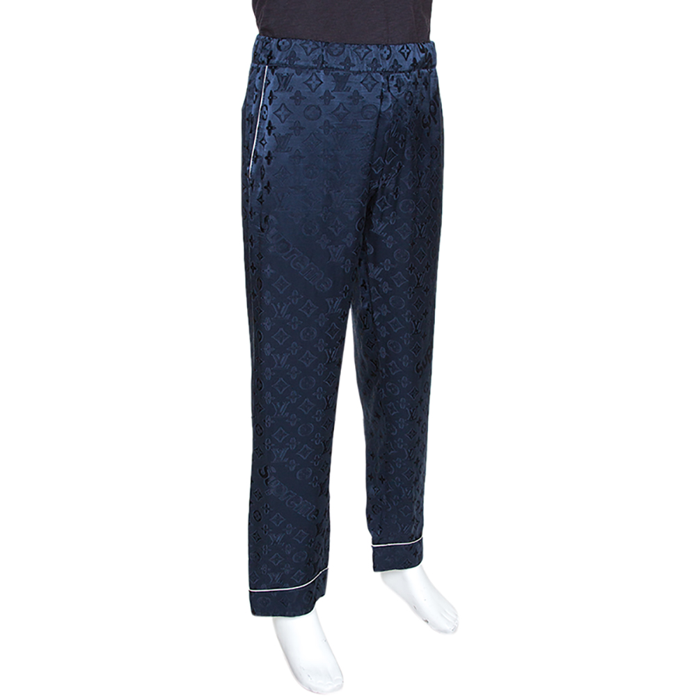 Louis Vuitton x Supreme Navy Blue Monogram Jacquard Satin Pajama Pants XL Louis  Vuitton