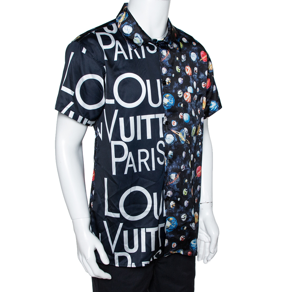 

Louis Vuitton Navy Blue Split Hawaiian Galaxy Print Silk Shirt