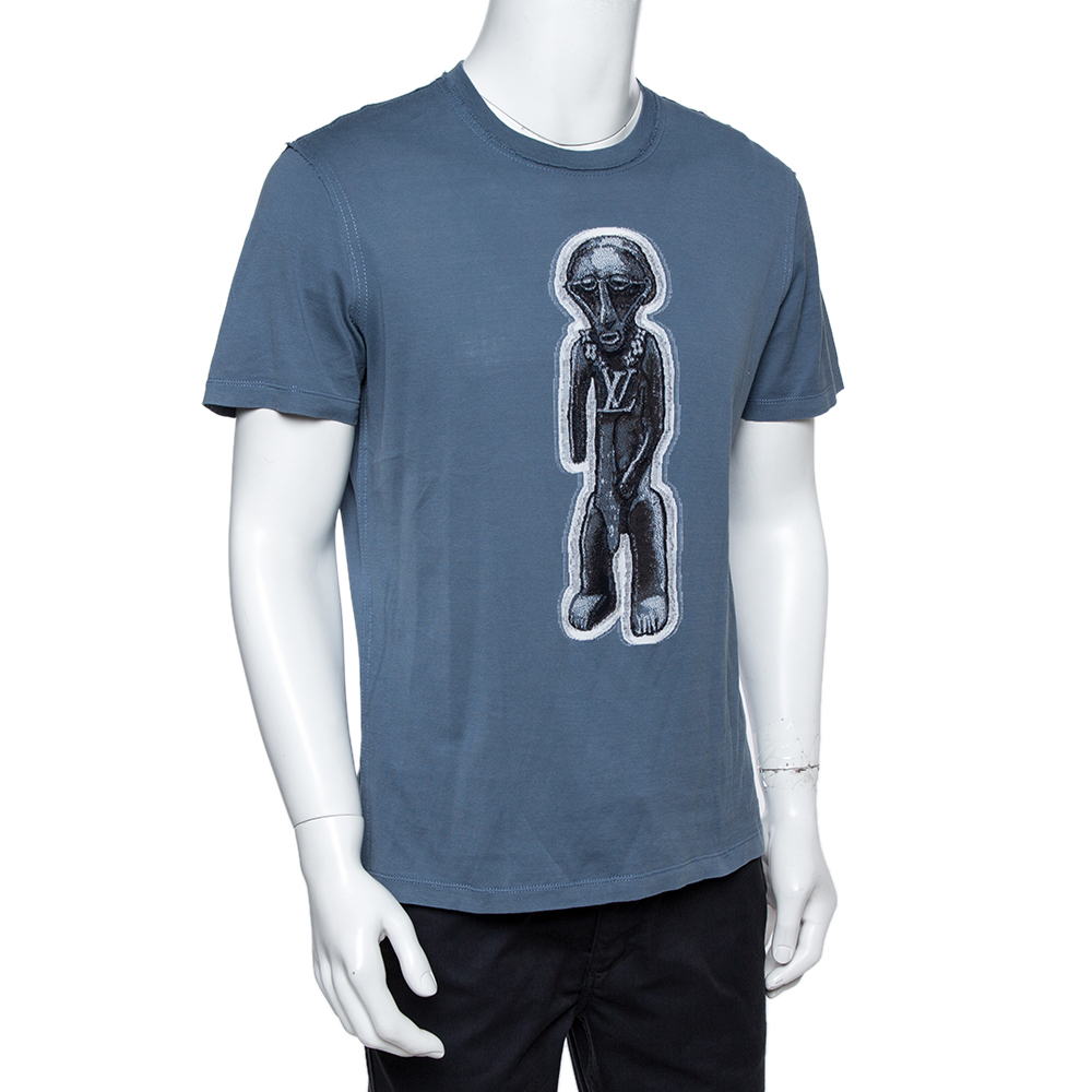 

Louis Vuitton Stone Blue Cotton Zulu Statue Crew Neck T-Shirt