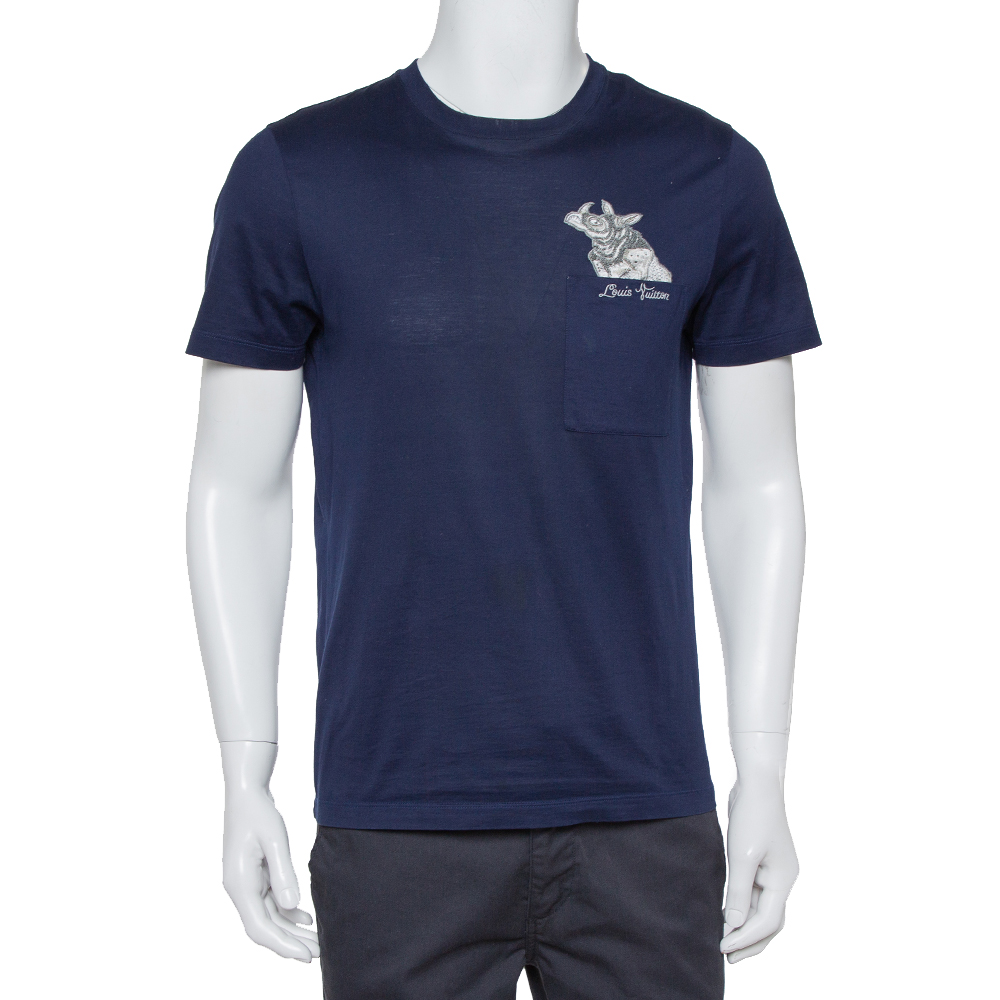 Pre-owned Louis Vuitton Navy Blue Cotton Applique Detail Crewneck T-shirt S