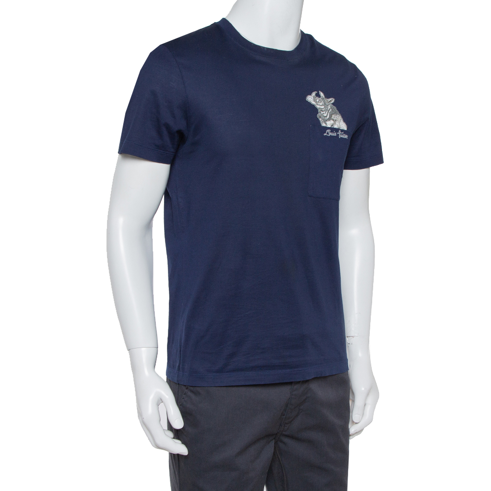 

Louis Vuitton Navy Blue Cotton Applique Detail Crewneck T-Shirt