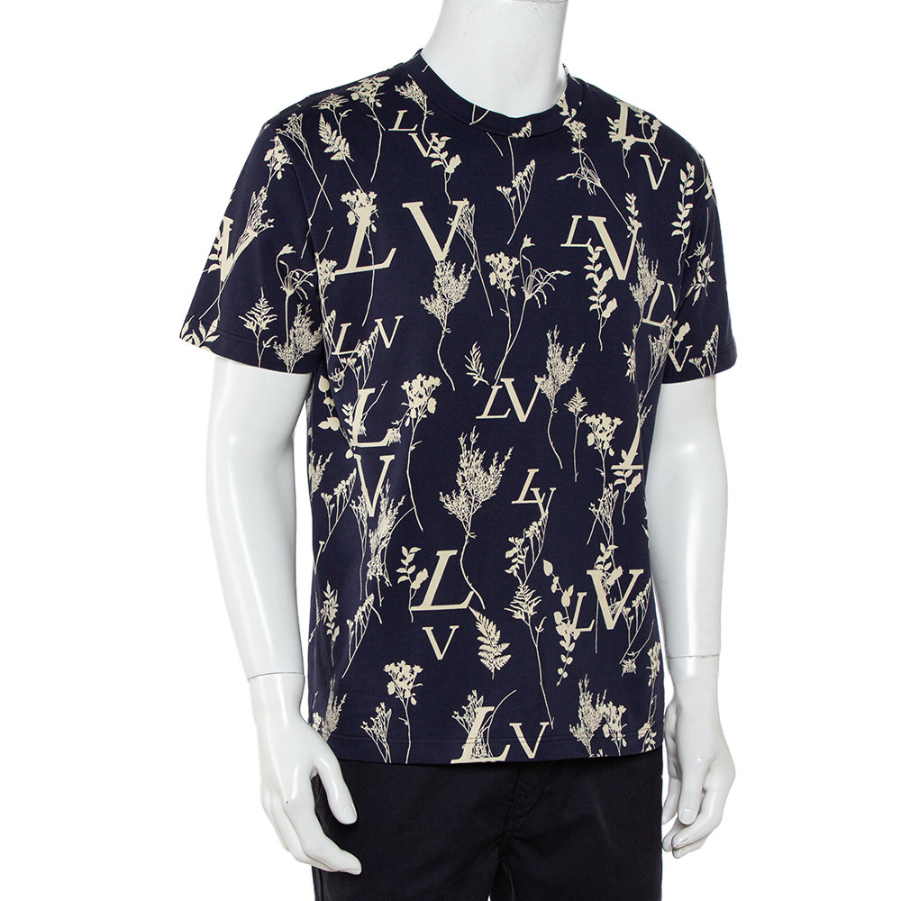 

Louis Vuitton Navy Blue Leaf Discharge Printed Cotton Crewneck T-Shirt