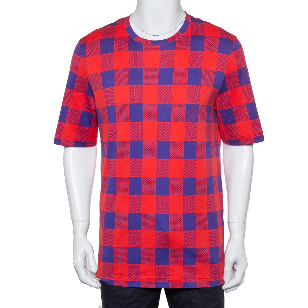 Pre-owned Louis Vuitton Red & Blue Masai Damier Printed Cotton Crewneck T-shirt Xxl