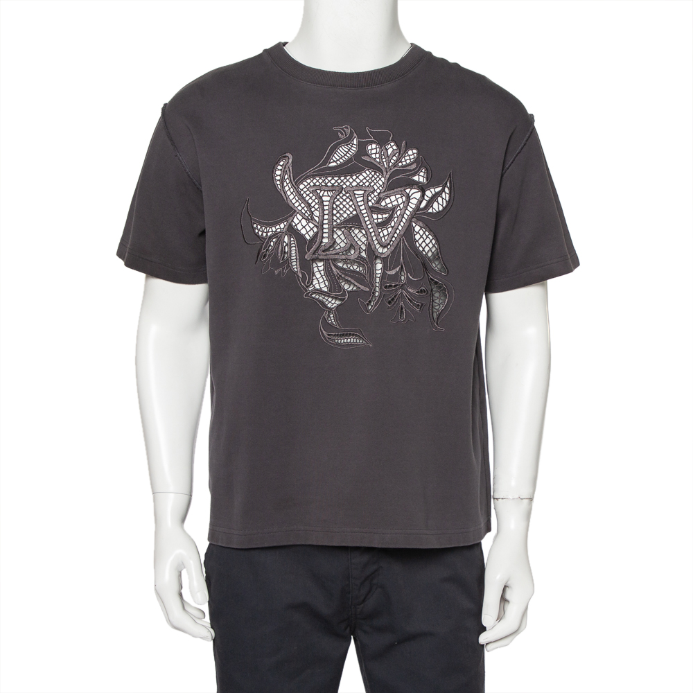 Pre Owned Louis Vuitton Grey Cotton Vegetal Logo Lace Detail Crewneck T-Shirt M