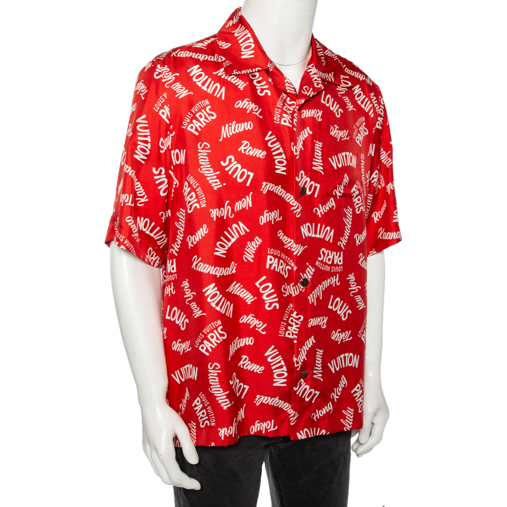 

Louis Vuitton Red City Logo Printed Silk Hawaiian Shirt