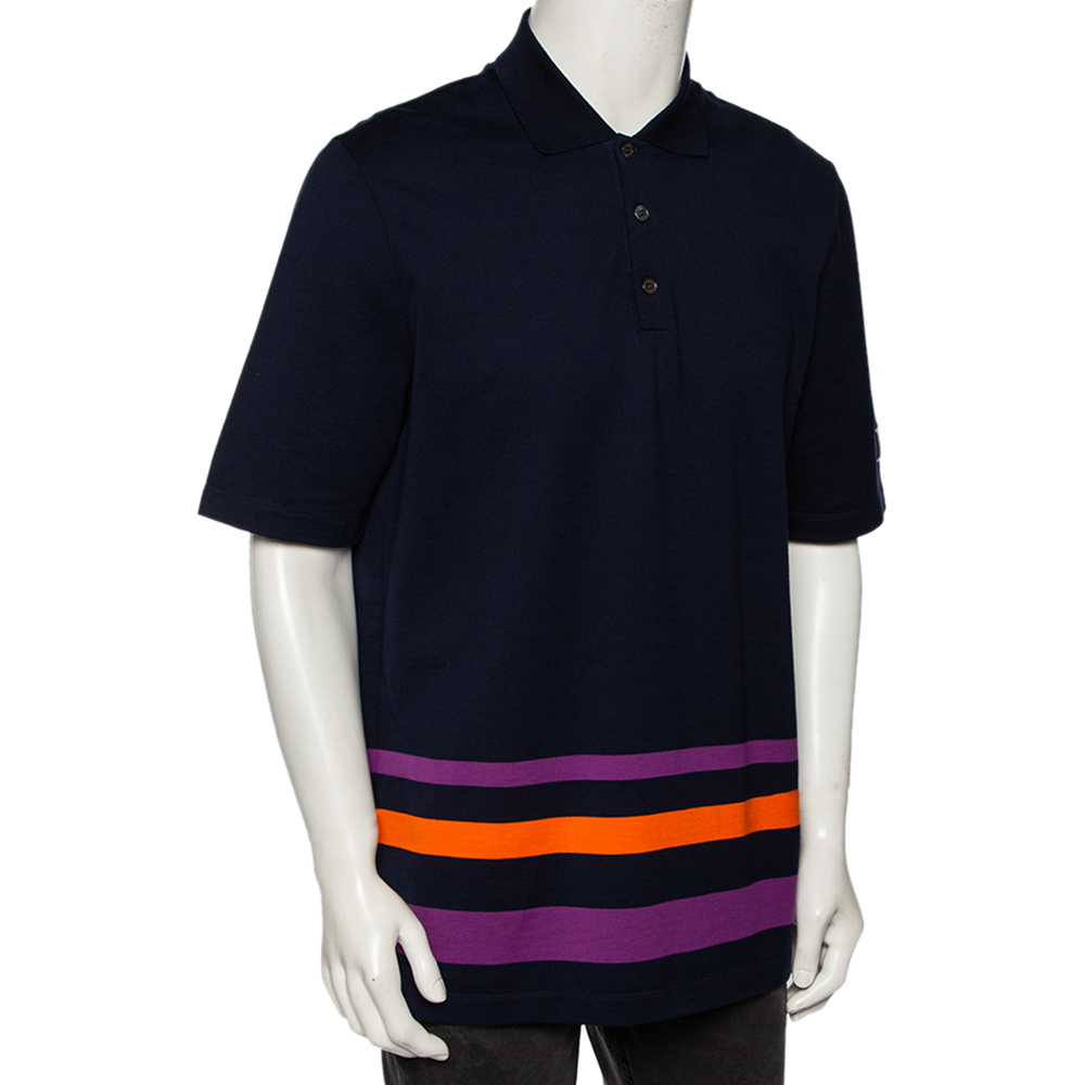 

Louis Vuitton Navy Blue Cotton Striped Detail Polo T-Shirt