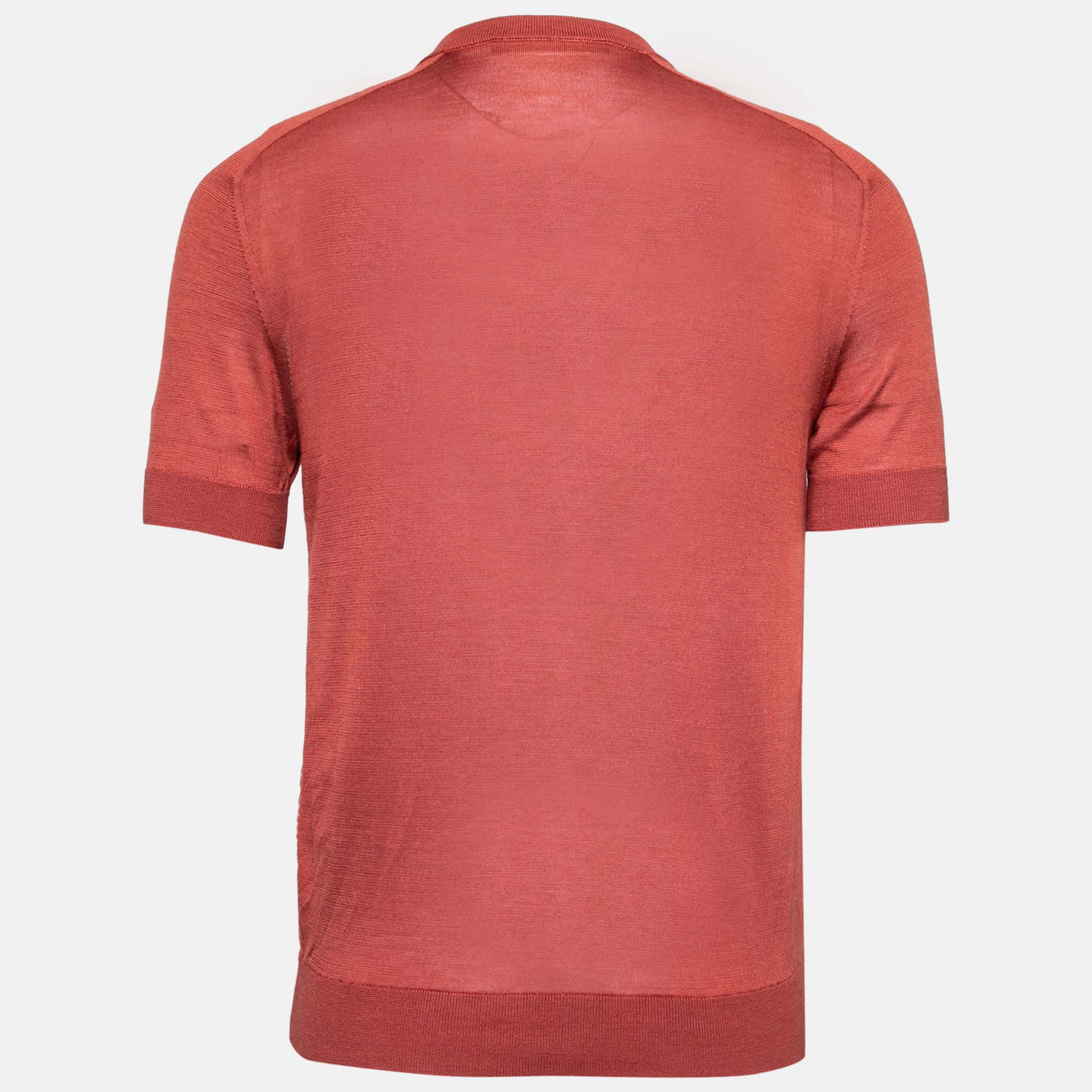 

Louis Vuitton Rust Printed Silk & Cashmere Paneled Round Neck T-Shirt, Orange