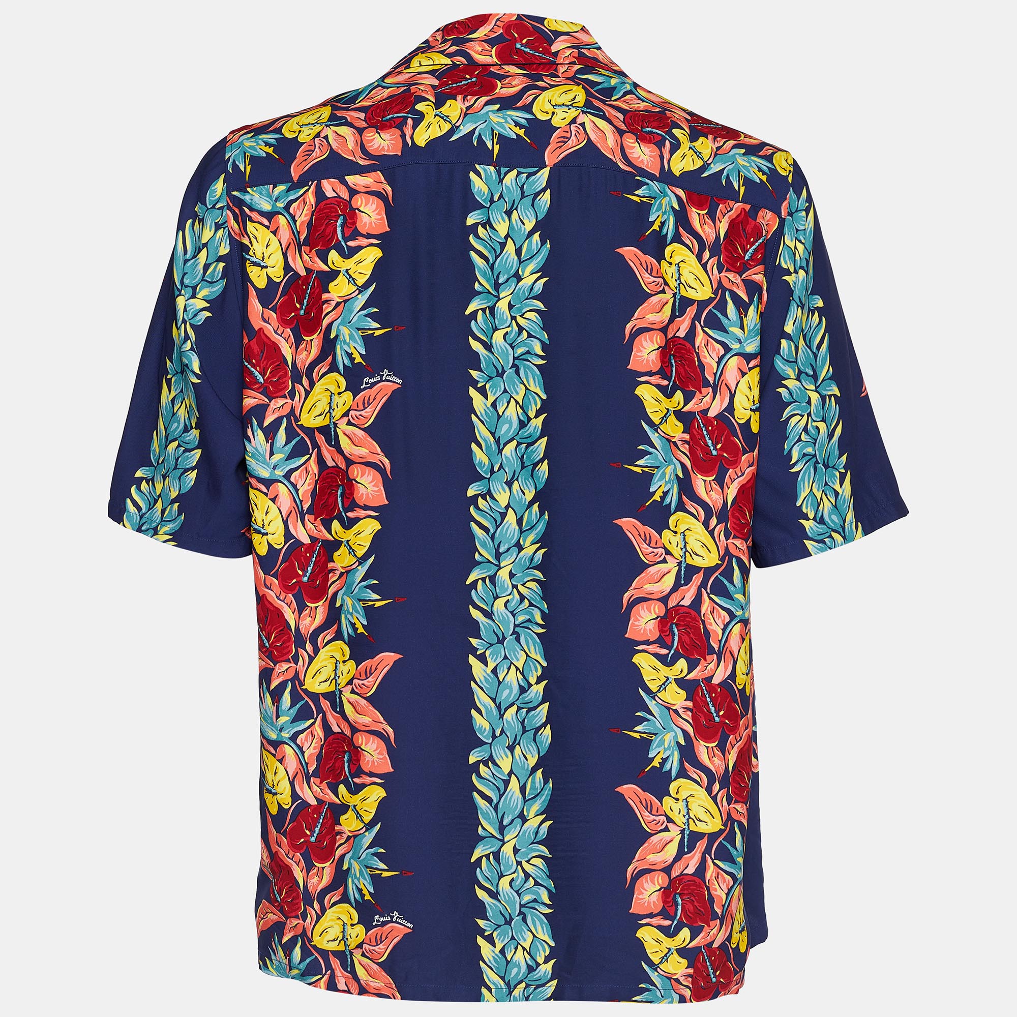 

Louis Vuitton Navy Blue Tropical Logo Print Crepe Hawaiian Shirt