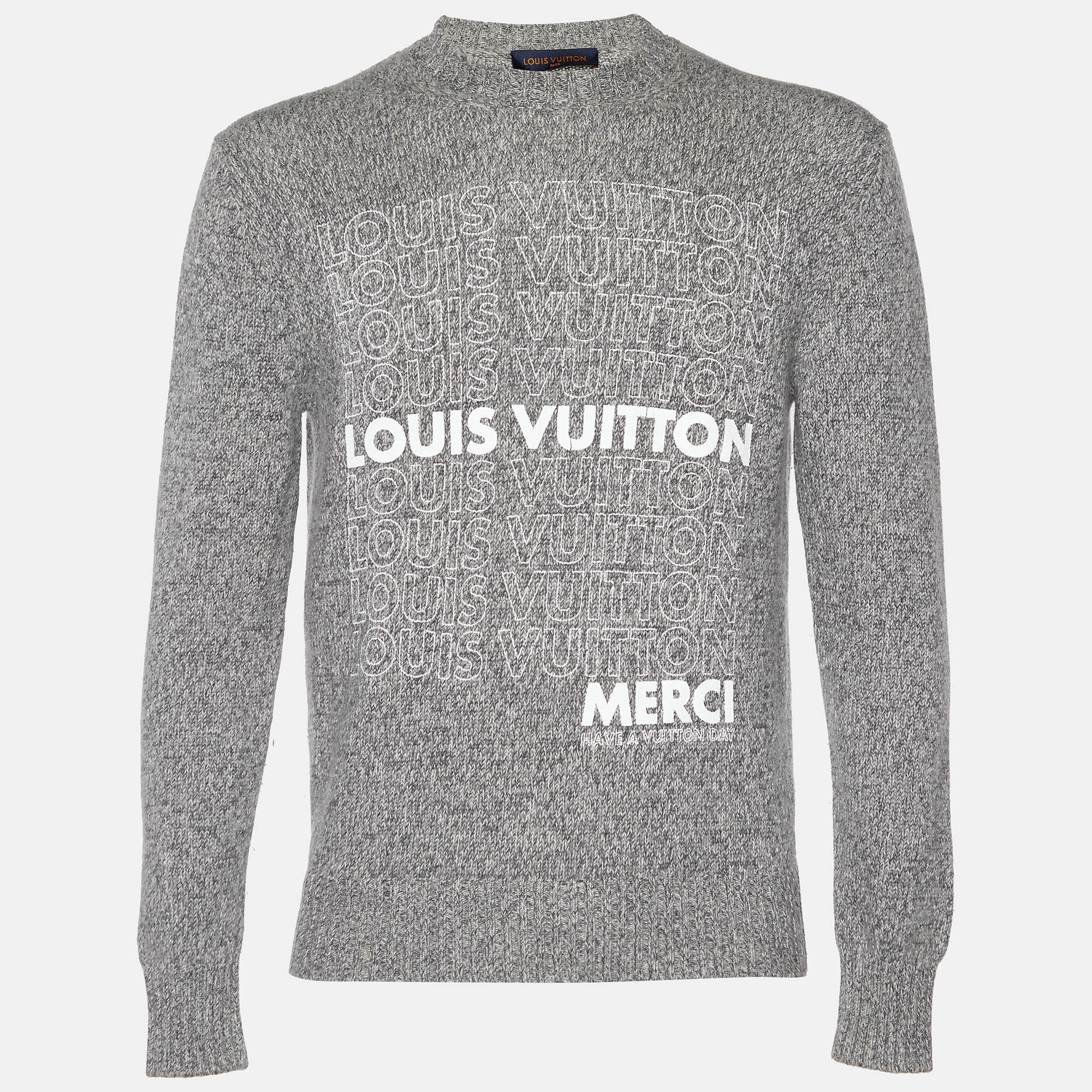 Pre-owned Louis Vuitton Grey Logo Printed Cashmere & Cotton Knit Sweater S