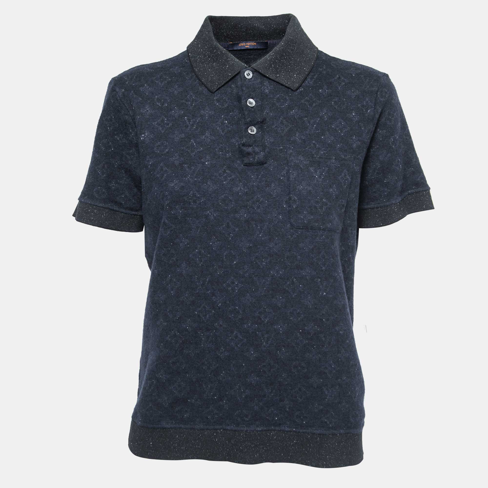 LOUIS VUITTON Pre-owned Navy Blue Monogram Patterned Knit Polo T-shirt Xl
