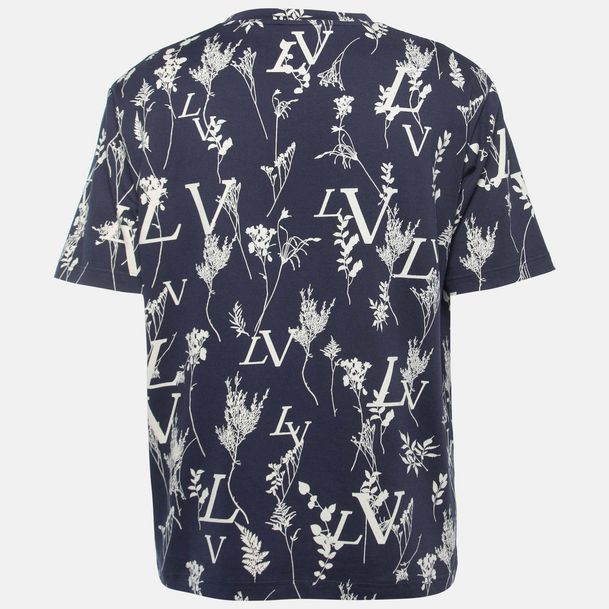 

Louis Vuitton Navy Blue Logo Leaf Print Cotton Crew Neck Half Sleeve T-Shirt