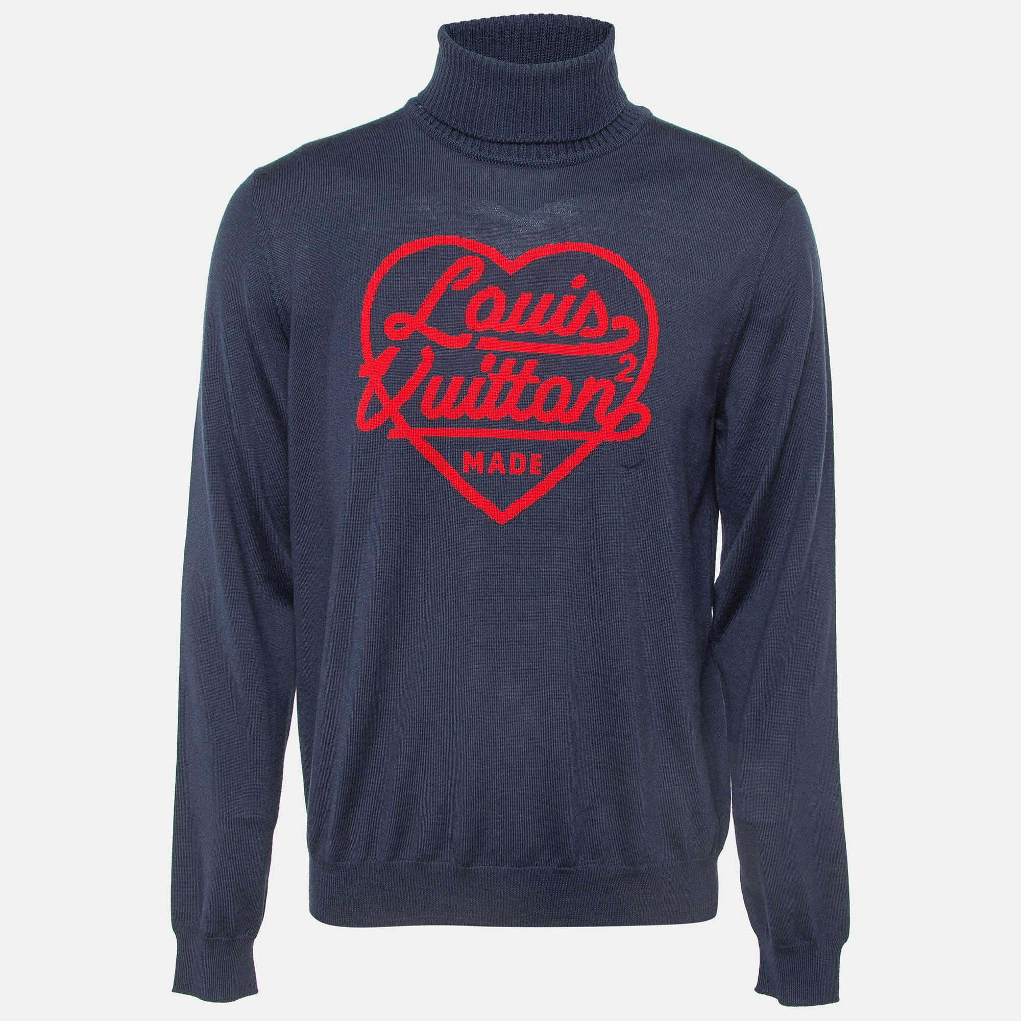 Pre-owned Louis Vuitton Blue Heart Intarsia Wool Sweater Xl In Navy Blue