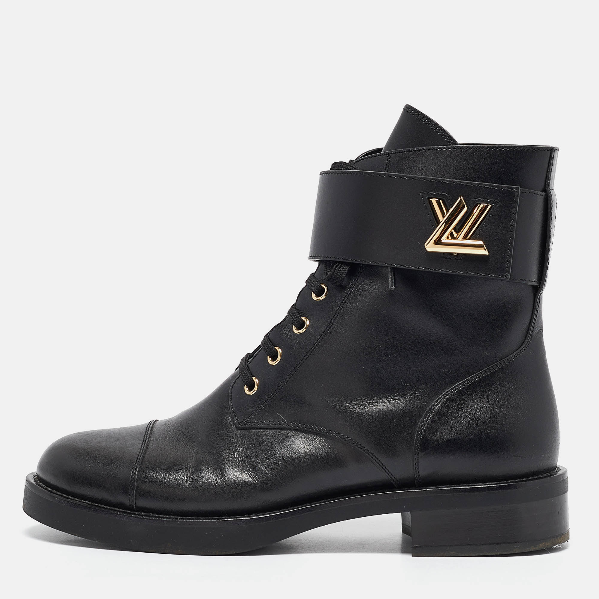 

Louis Vuitton Black Leather Wonderland Flat Ranger Combat Boots