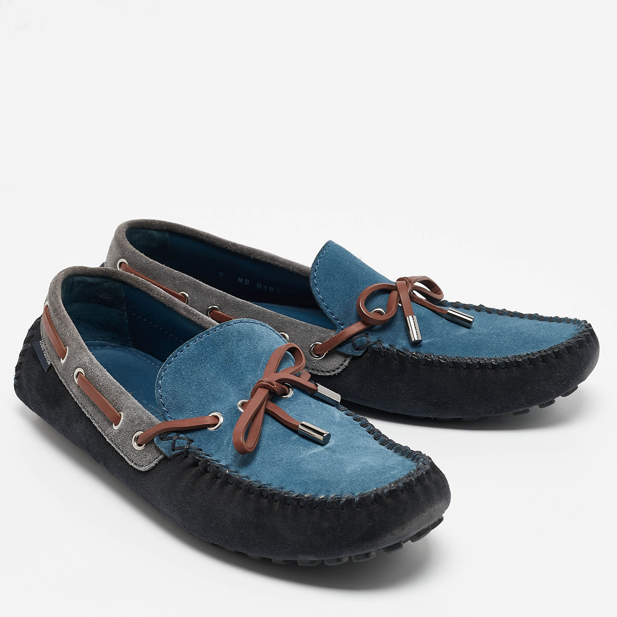 Louis Vuitton Dark Tricolor Suede And Leather Logo Bow Slip On Loafers Size 43 