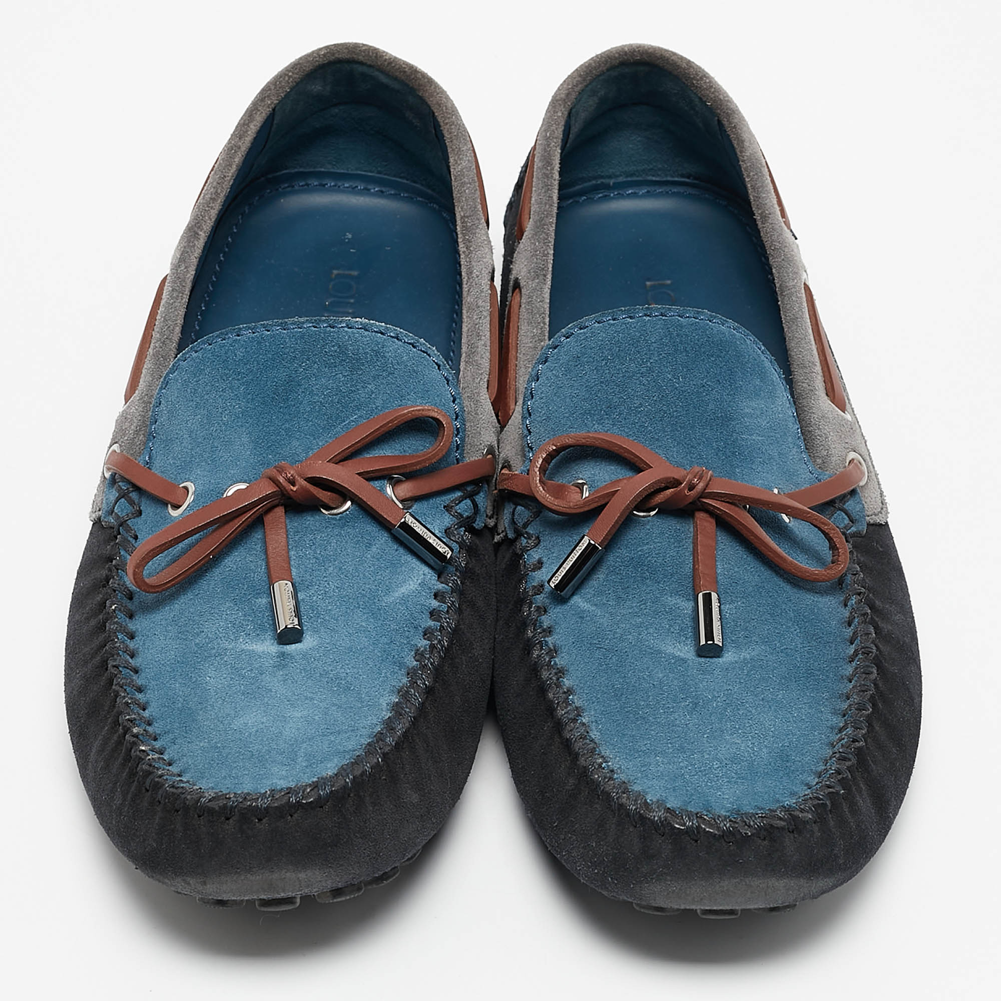 Louis Vuitton Dark Tricolor Suede And Leather Logo Bow Slip On Loafers Size 43 