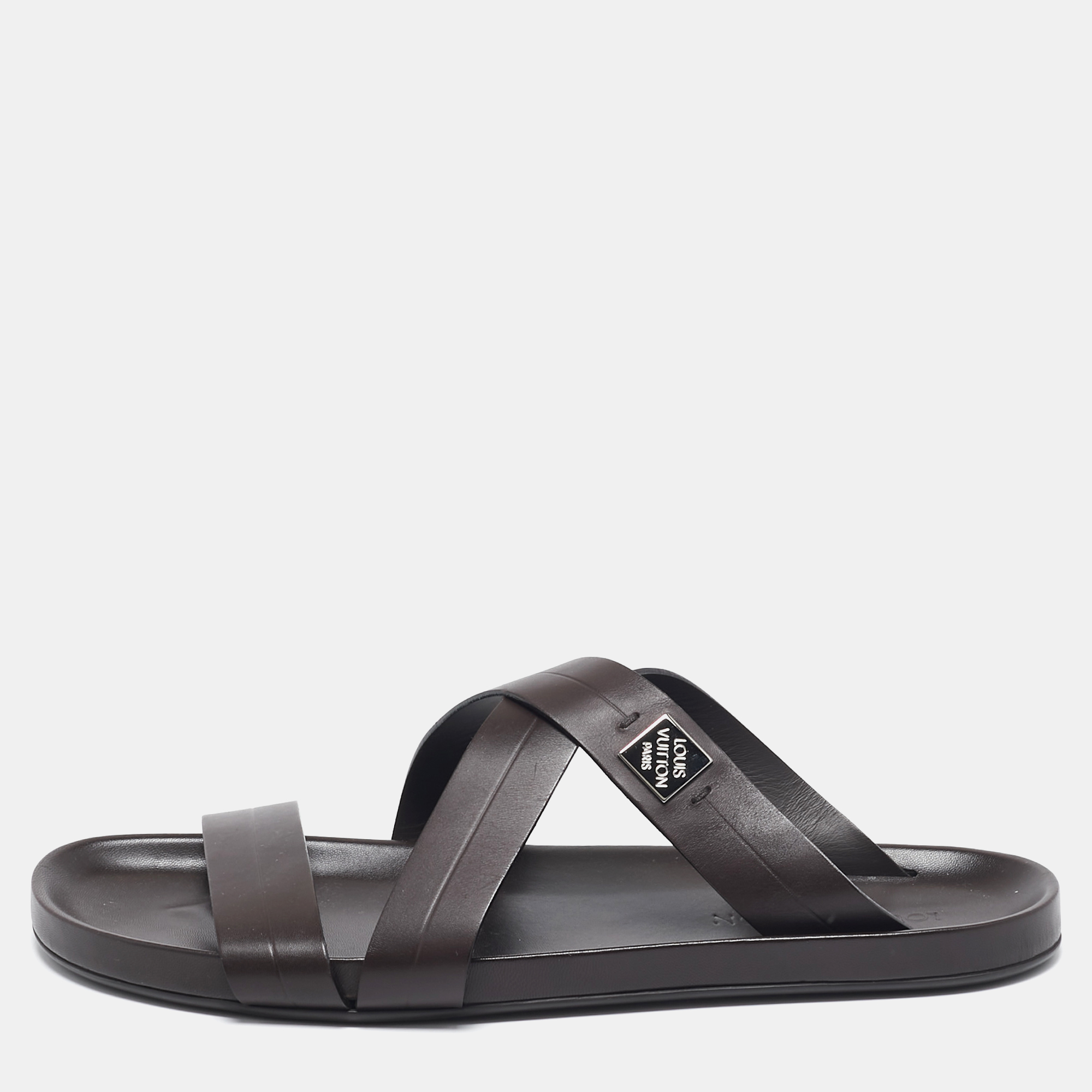 

Louis Vuitton Dark Brown Leather Pioneer Cross Strap Flat Slides Size 45