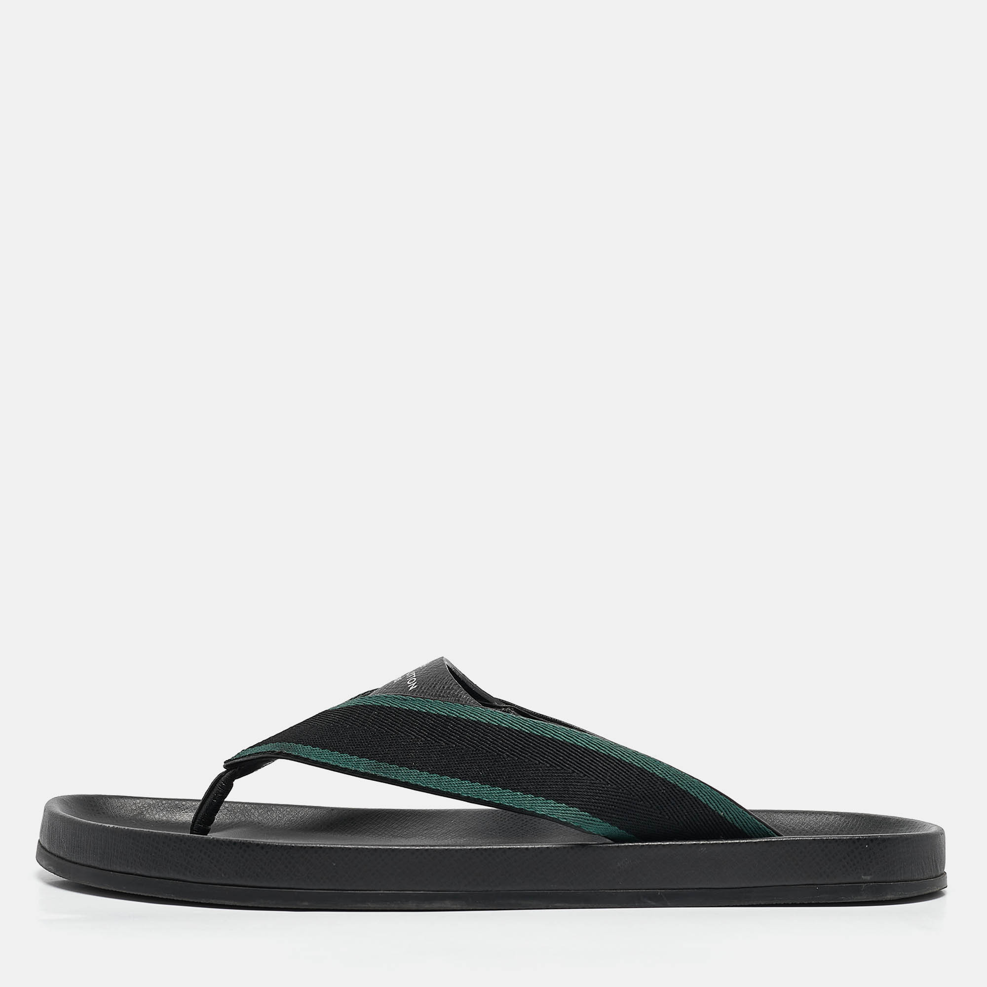 

Louis Vuitton Black/Green Leather And Canvas Thong Flat Slides Size 43