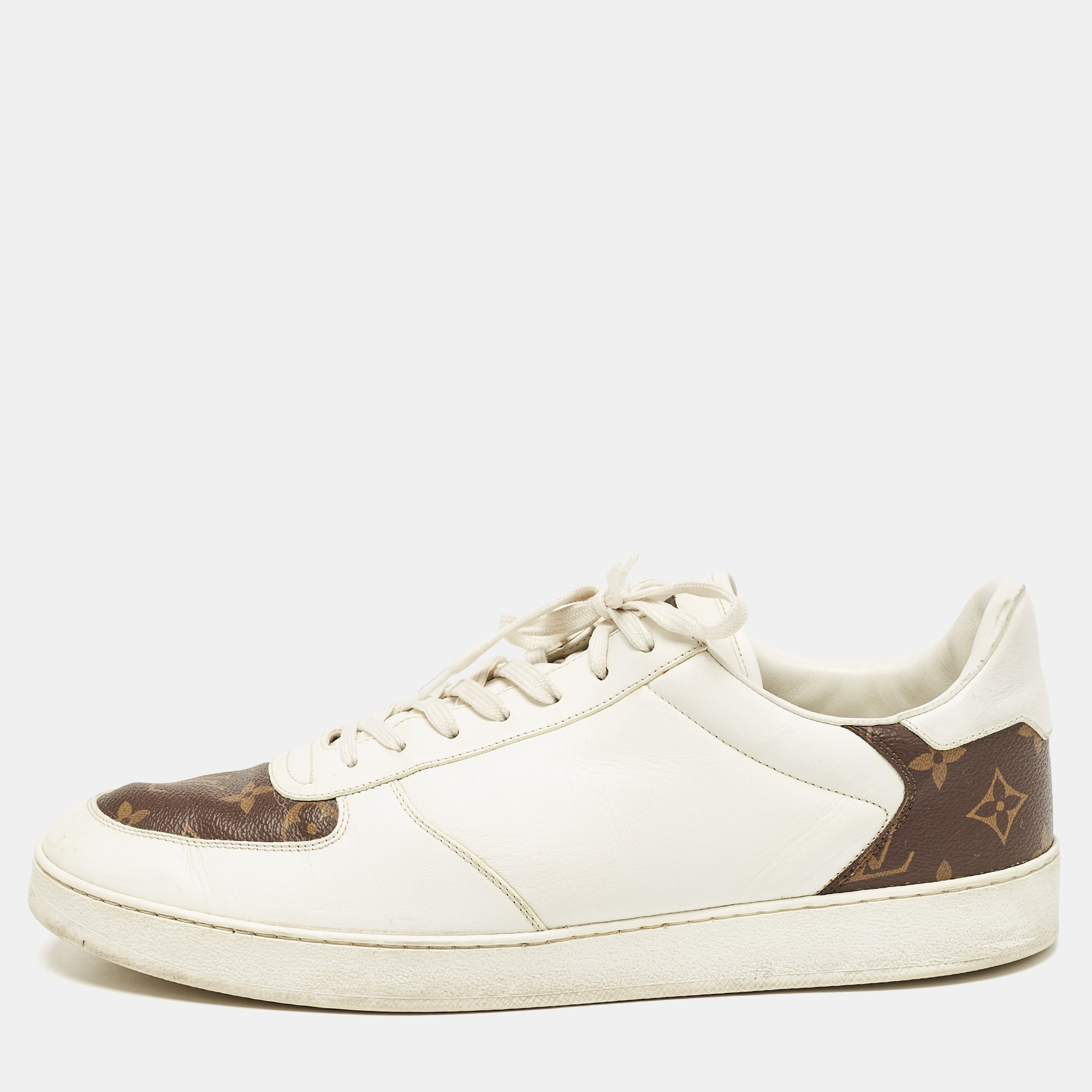 

Louis Vuitton White Leather and Monogram Canvas Rivoli Sneakers Size 45