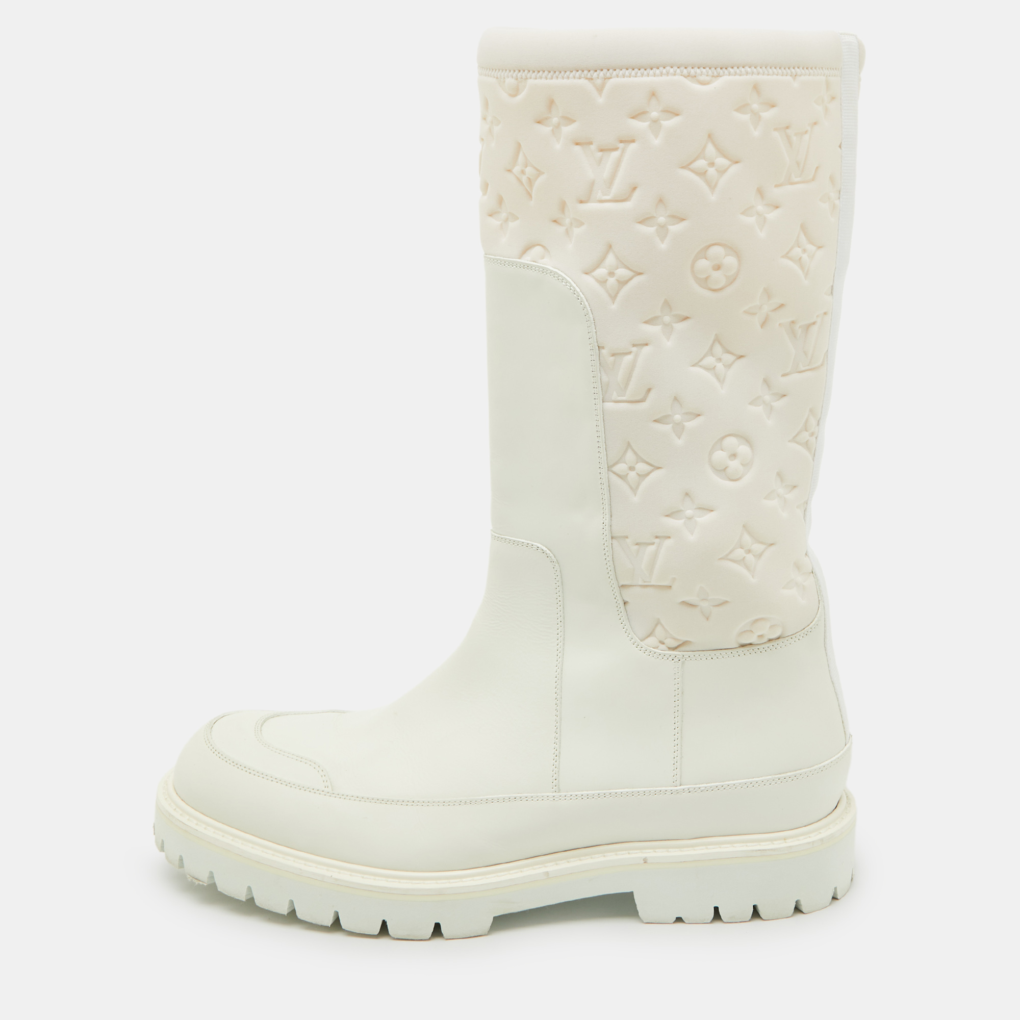 

Louis Vuitton White Leather and Monogram Neoprene Calf Length Boots Size 43