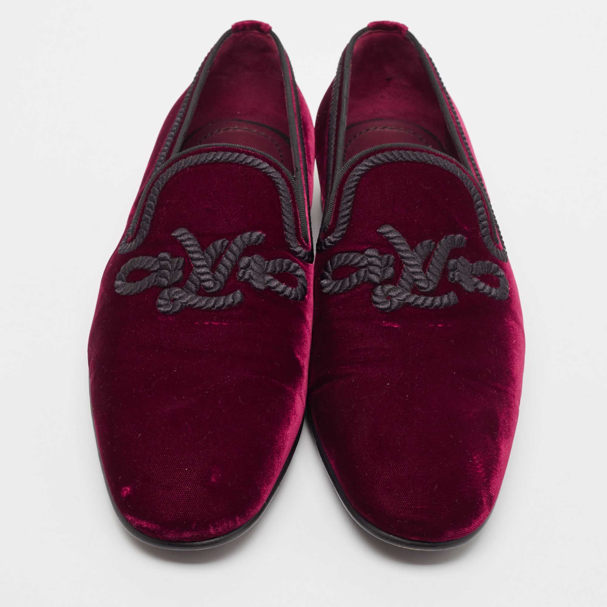Louis Vuitton Burgundy Velvet Embroidered Auteuil Loafers Size 43.5 