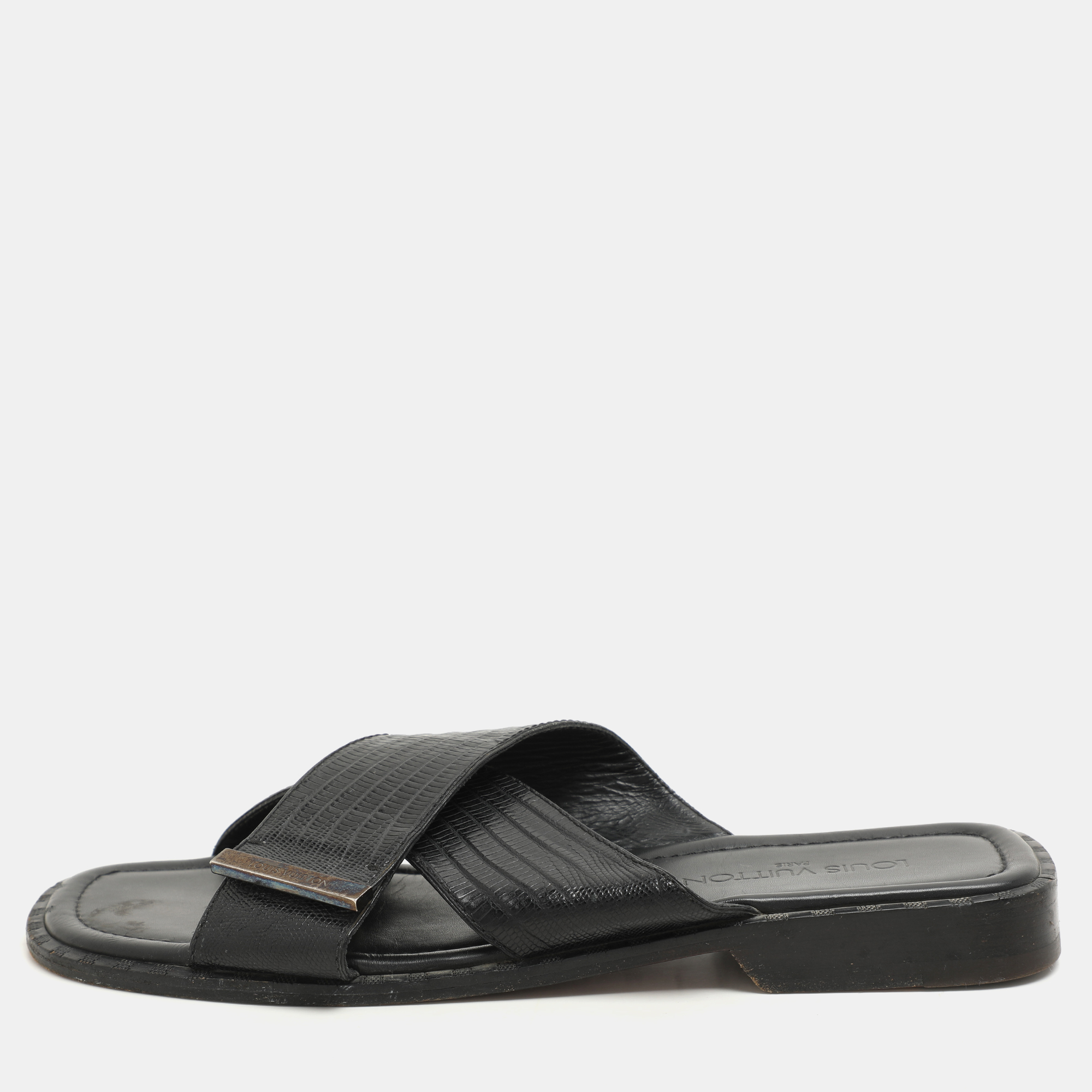 

Louis Vuitton Black Lizard Leather Criss Cross Flats Size 43.5