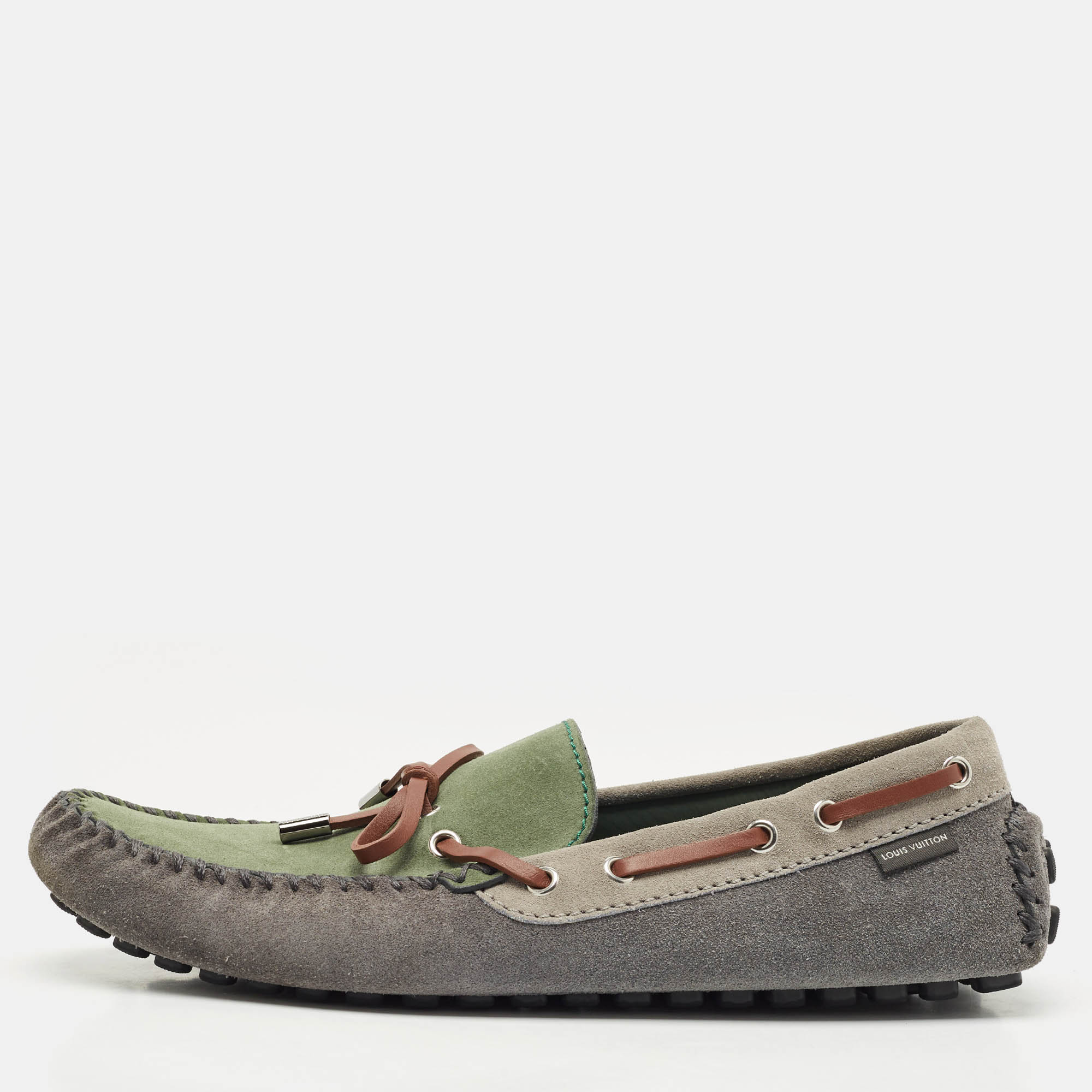 

Louis Vuitton Dark Tricolor Suede And Leather Logo Bow Slip On Loafers Size 42.5, Multicolor