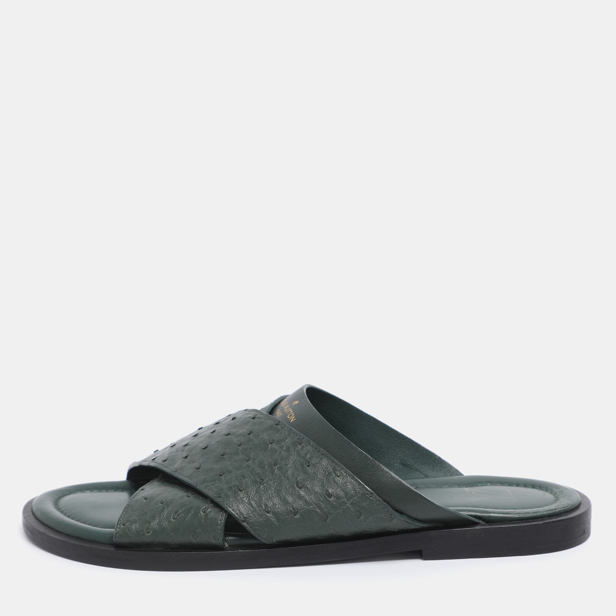 Pre-owned Louis Vuitton Green Ostrich Leather Slide Sandals 41