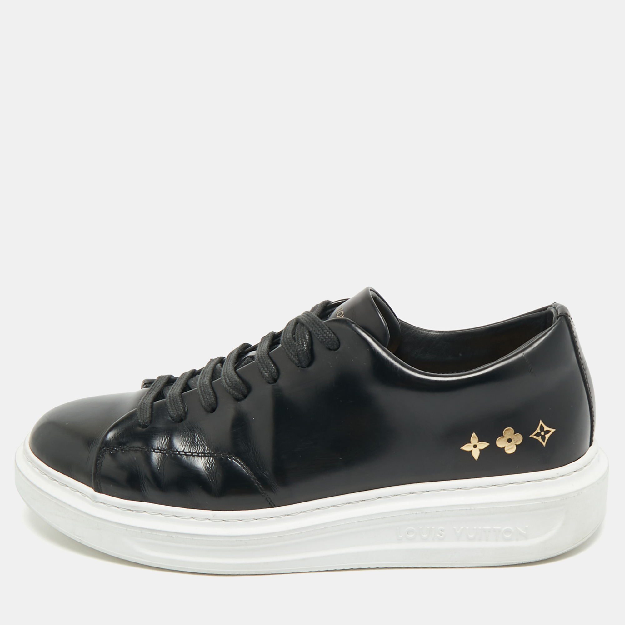Louis Vuitton Black Leather Monogram Debossed Time Out Sneakers Size 40..5