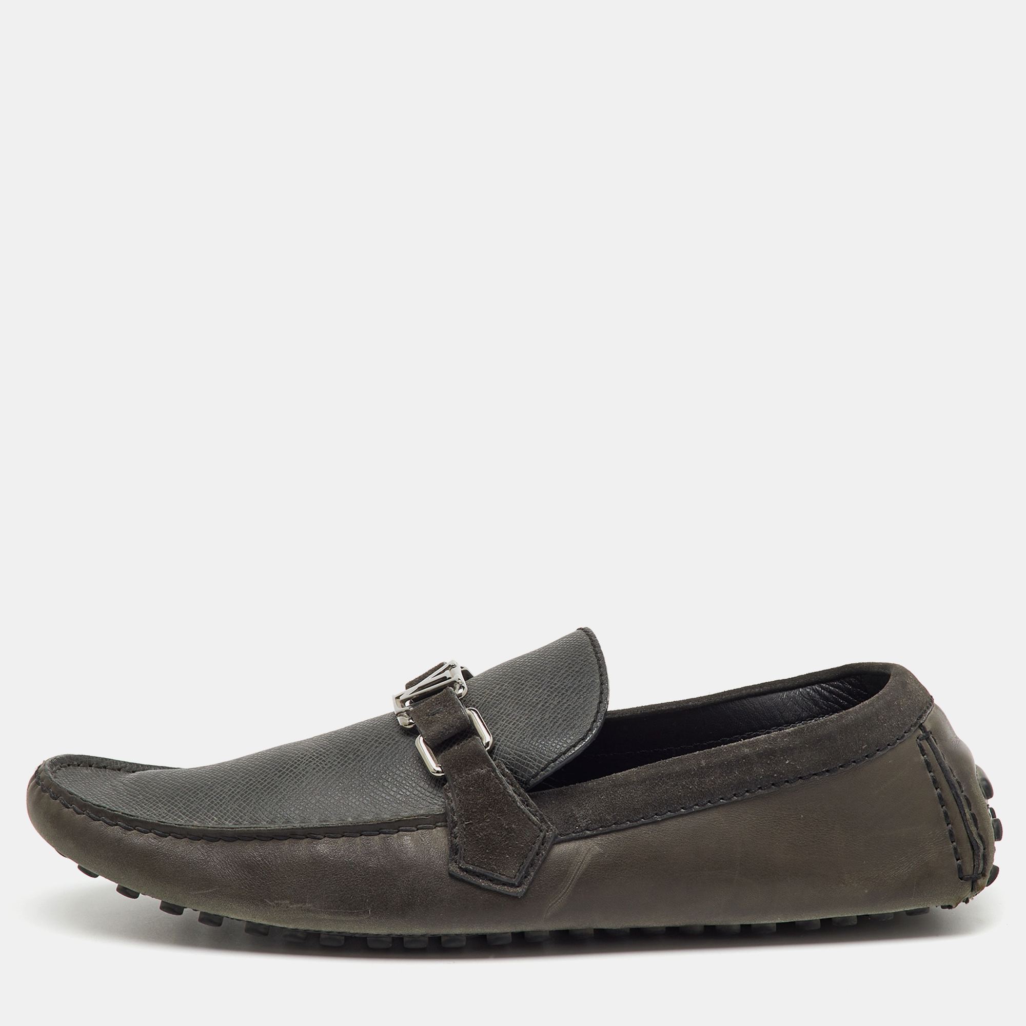 Pre-owned Louis Vuitton Dark Grey Leather And Suede Hockenheim Loafers Size 44 In Gray