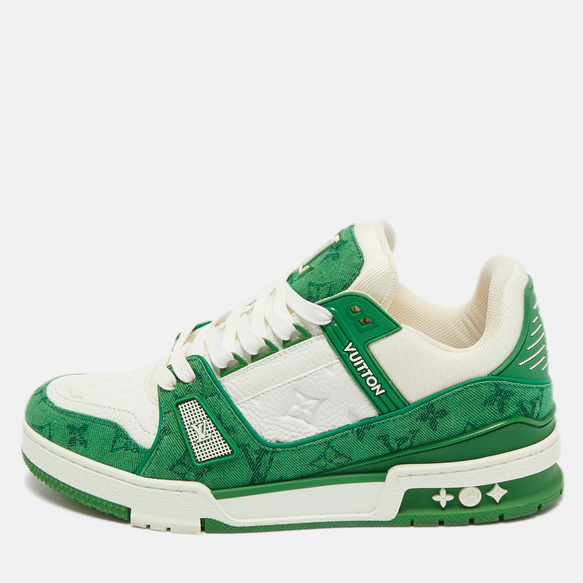 

Louis Vuitton Green/White Denim and Leather LV Trainer Lace Up Sneakers Size 41.5