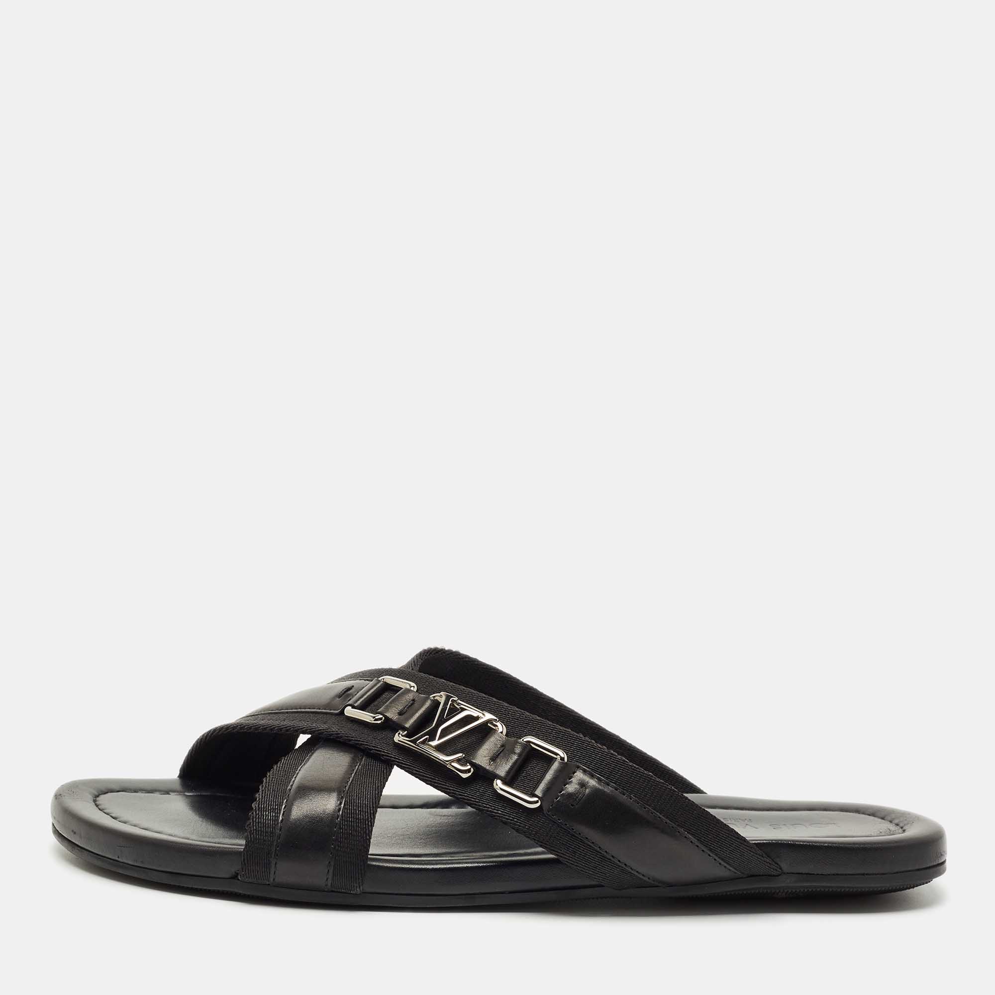 Pre-owned Louis Vuitton Black Canvas And Leather Crisscross Flat Slides Size 45