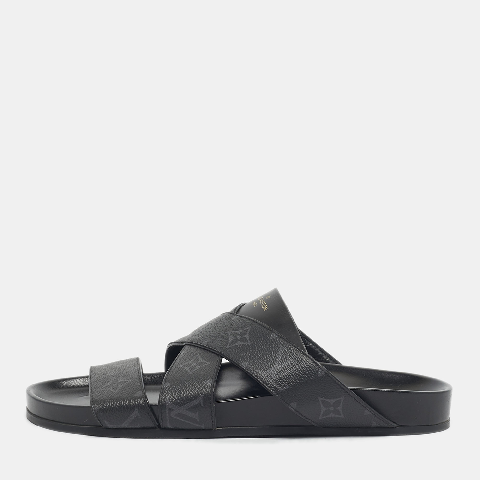 Pre-owned Louis Vuitton Black Monogram Canvas And Leather Mirabeau Flat Slides Size 42