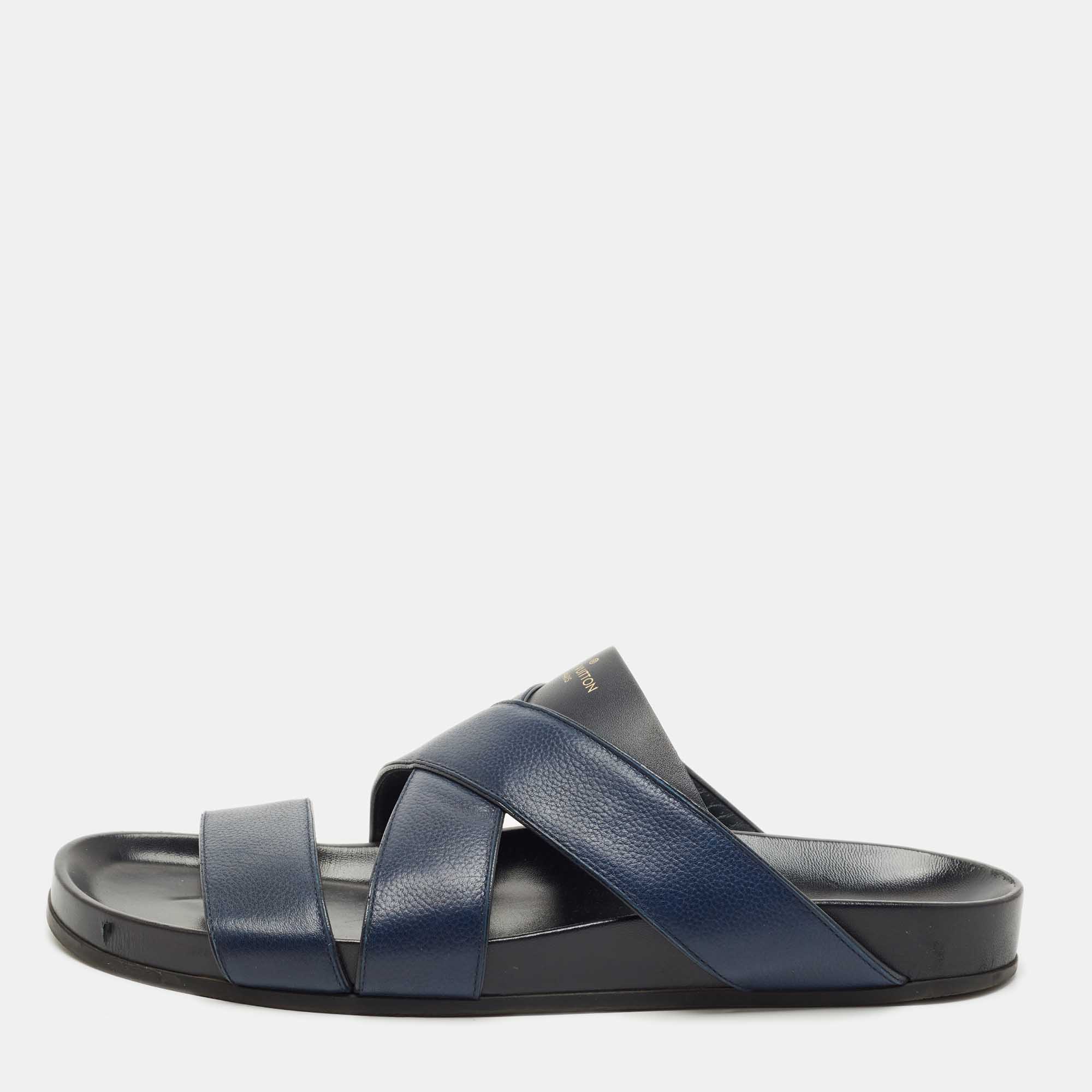 Pre-owned Louis Vuitton Navy Blue Canvas And Leather Mirabeau Flat Slides Size 45