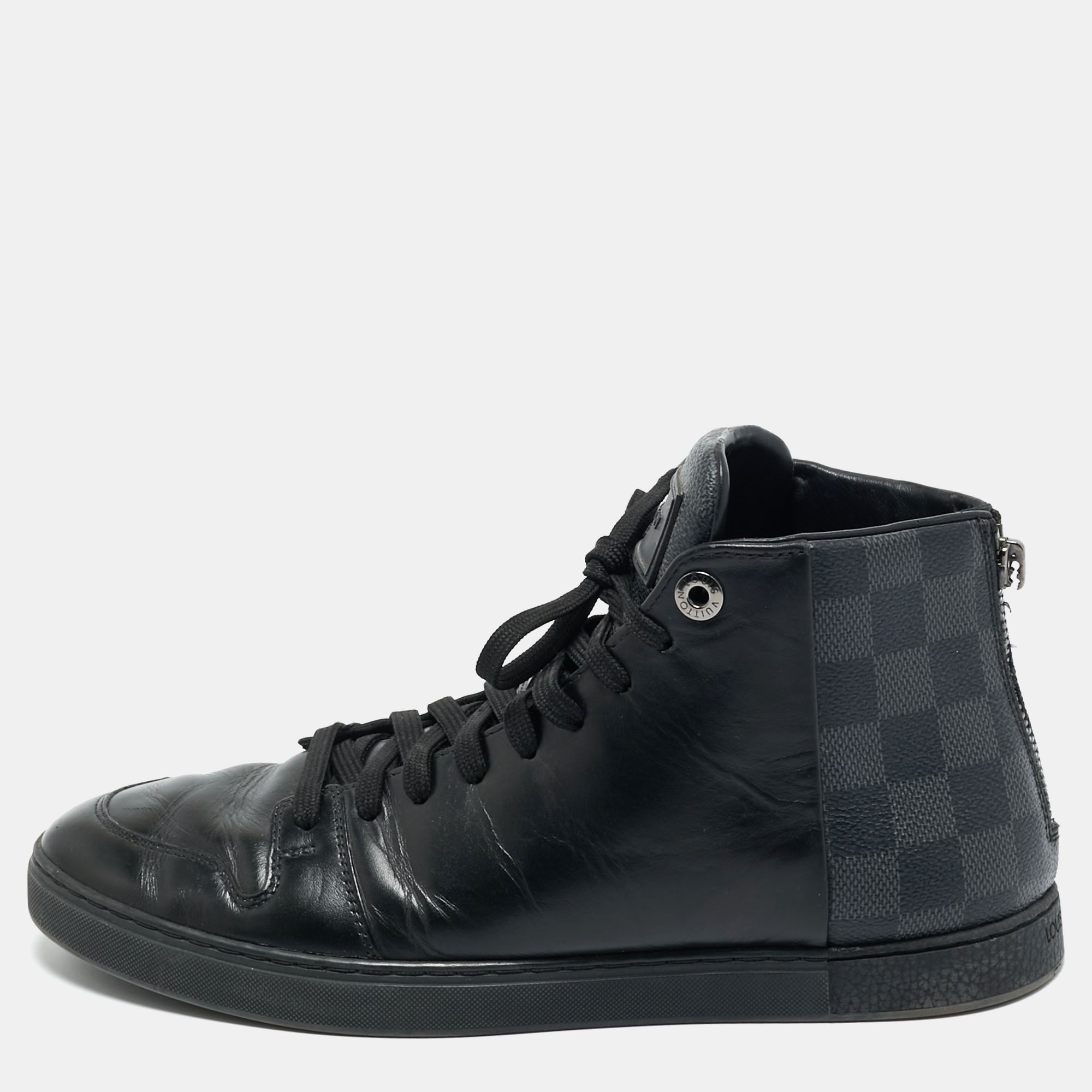 Louis Vuitton Black Leather and Damier Canvas High Top Sneakers Size 39