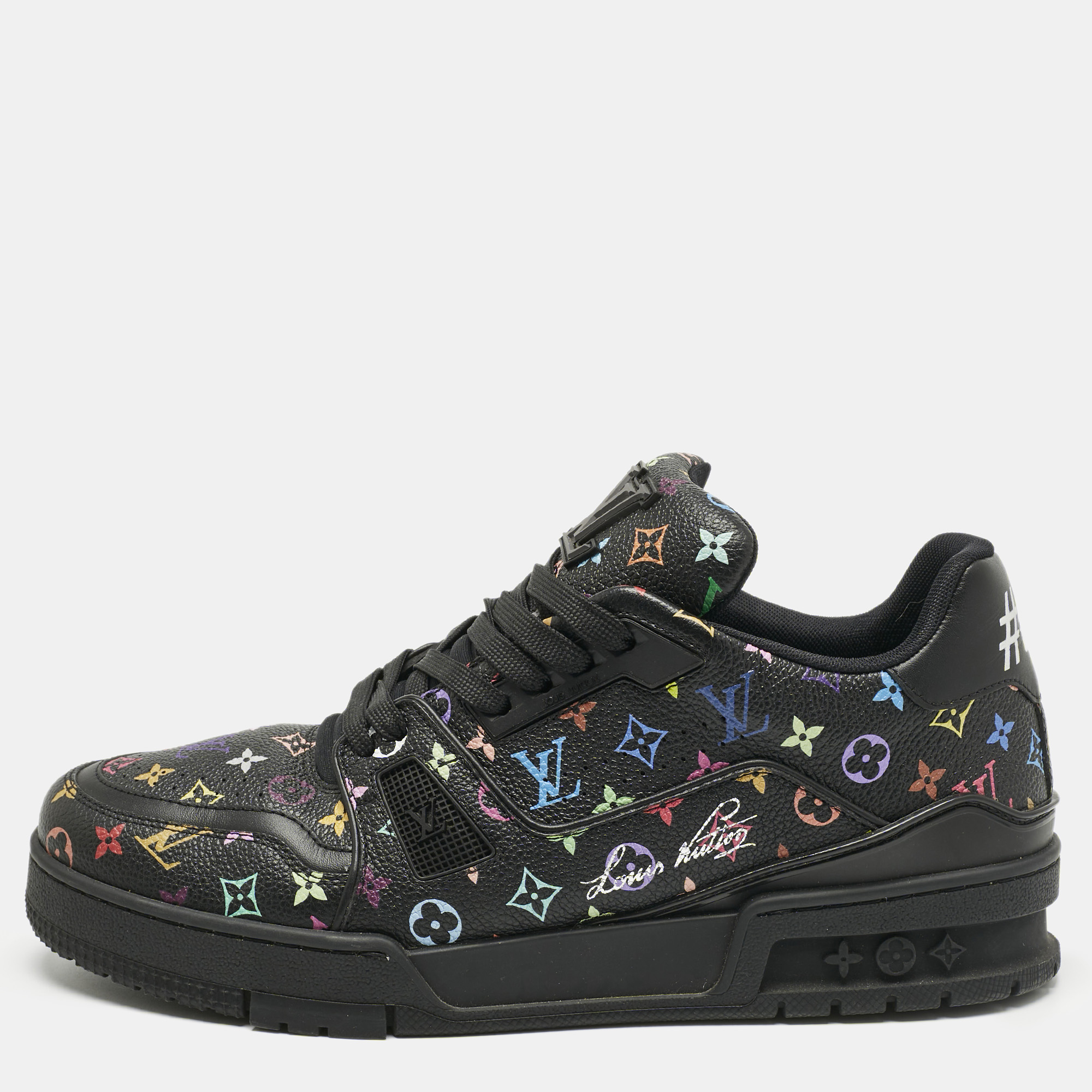 Pre-owned Louis Vuitton Black Monogram Leather Lv Trainer Maxi Lace Up Sneakers Size 40.5